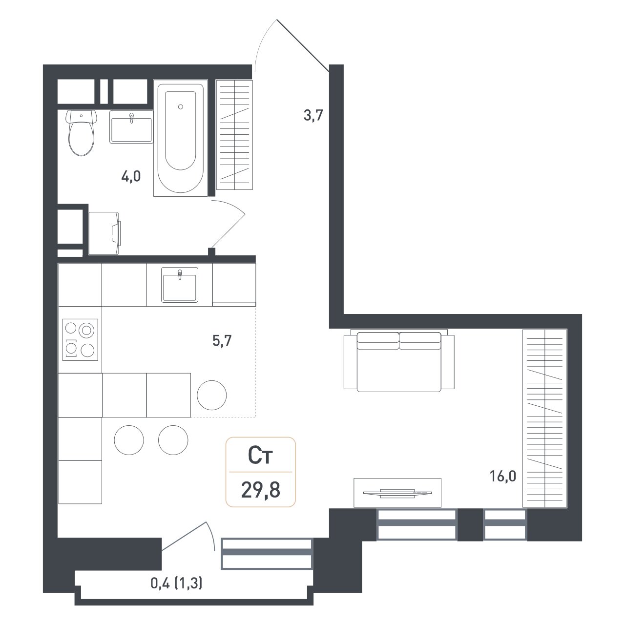 Студия площадью 29 м² в Россия, Московская область, городской округ ...