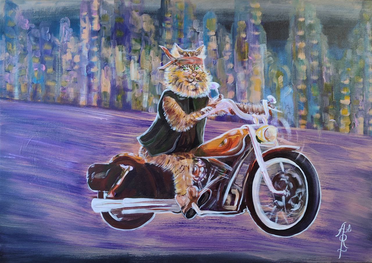 МотоКот. "МотоКот" - это яркая картина, на которой изображен уверенный кот, управляющий мотоциклом с невероятным мастерством. Она привнесет в ваш дом атмосферу веселья и приключений, создавая ощущение динамики и свободы.