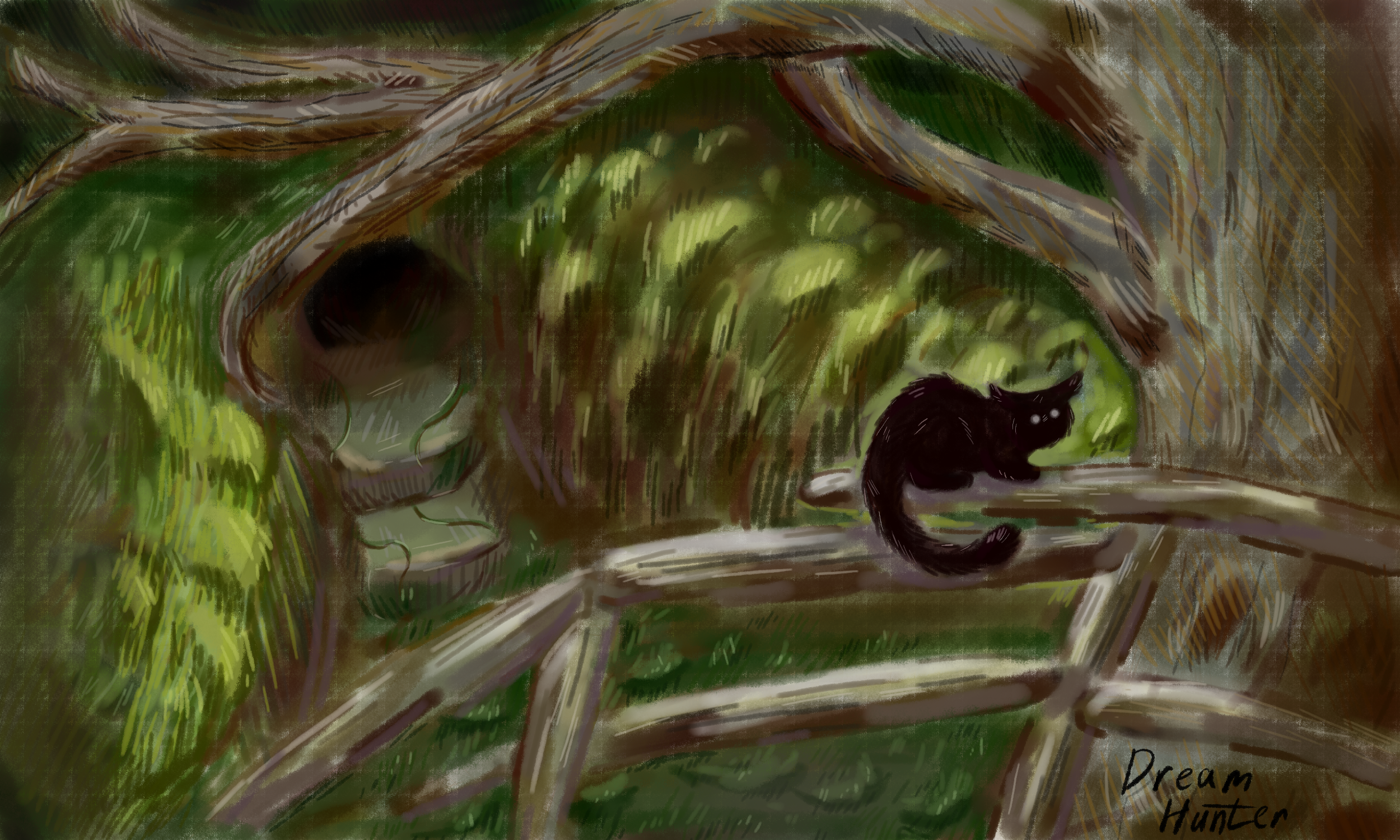 Кот в лесу. Одна из первых моих полноценных работ в диджитале. В процессе активно использовались референсы