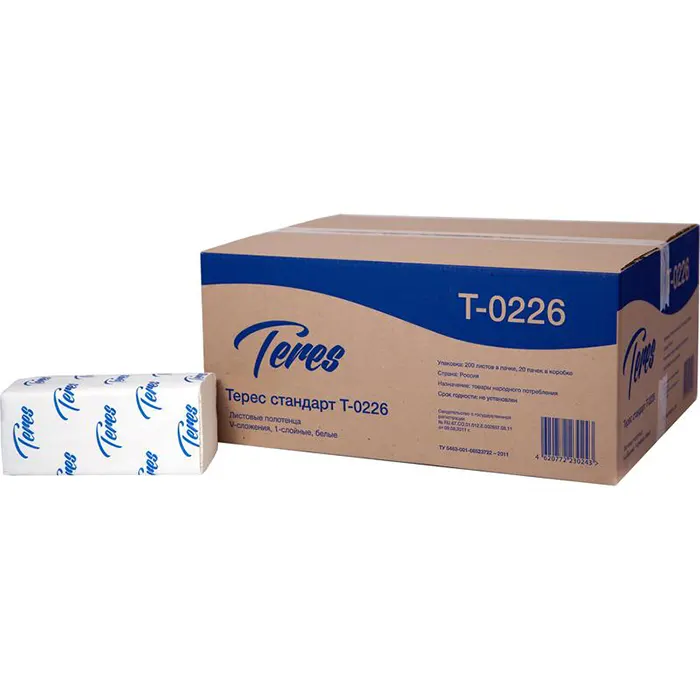 Полотенца бумажные листовые 23х21 см Teres H3 V-сложение (ZZ) 1-слойные белые (20 пачек х 200 листов)