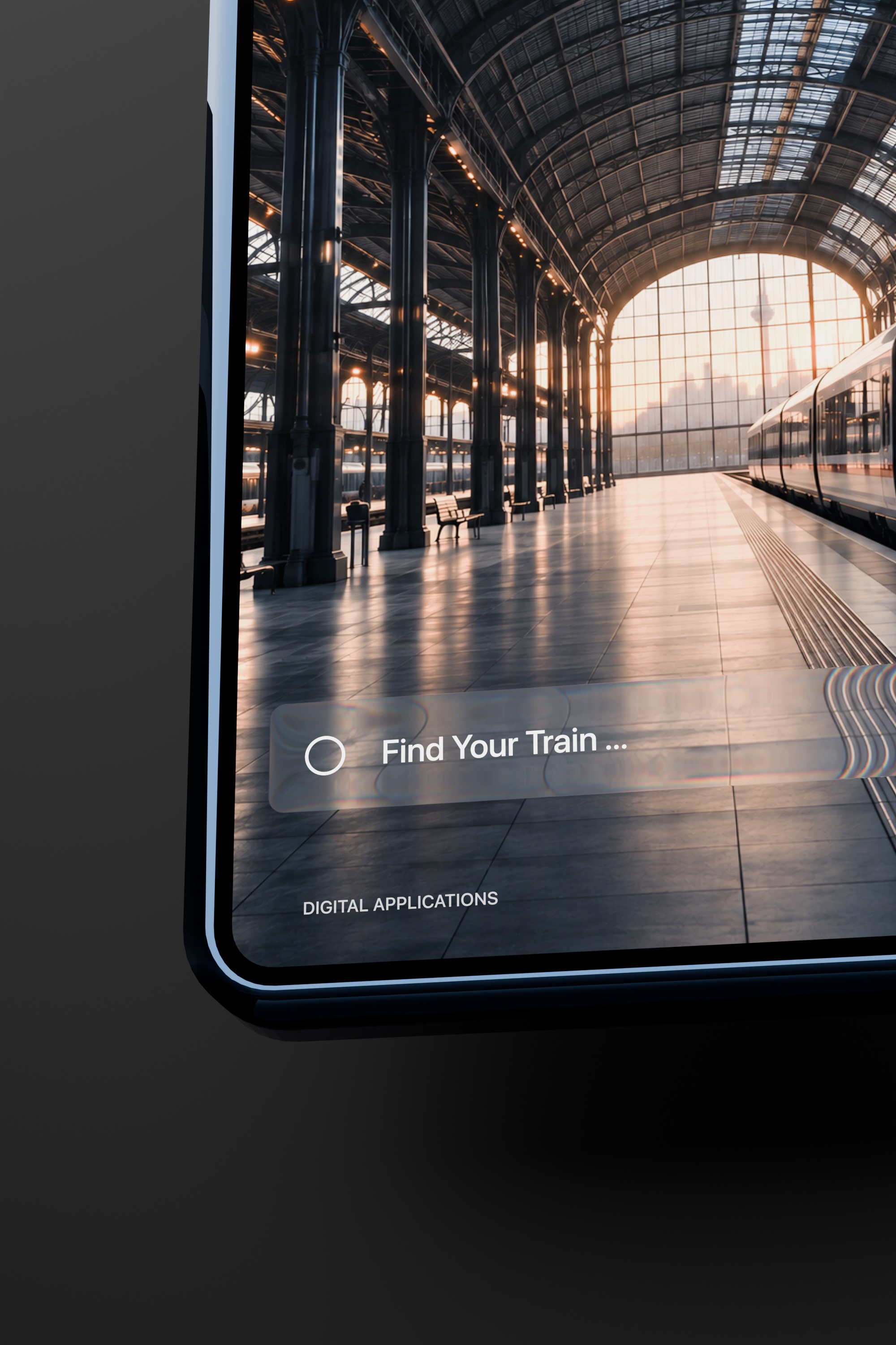 Variation of a modern dark-mode mobile interface for a railway station.