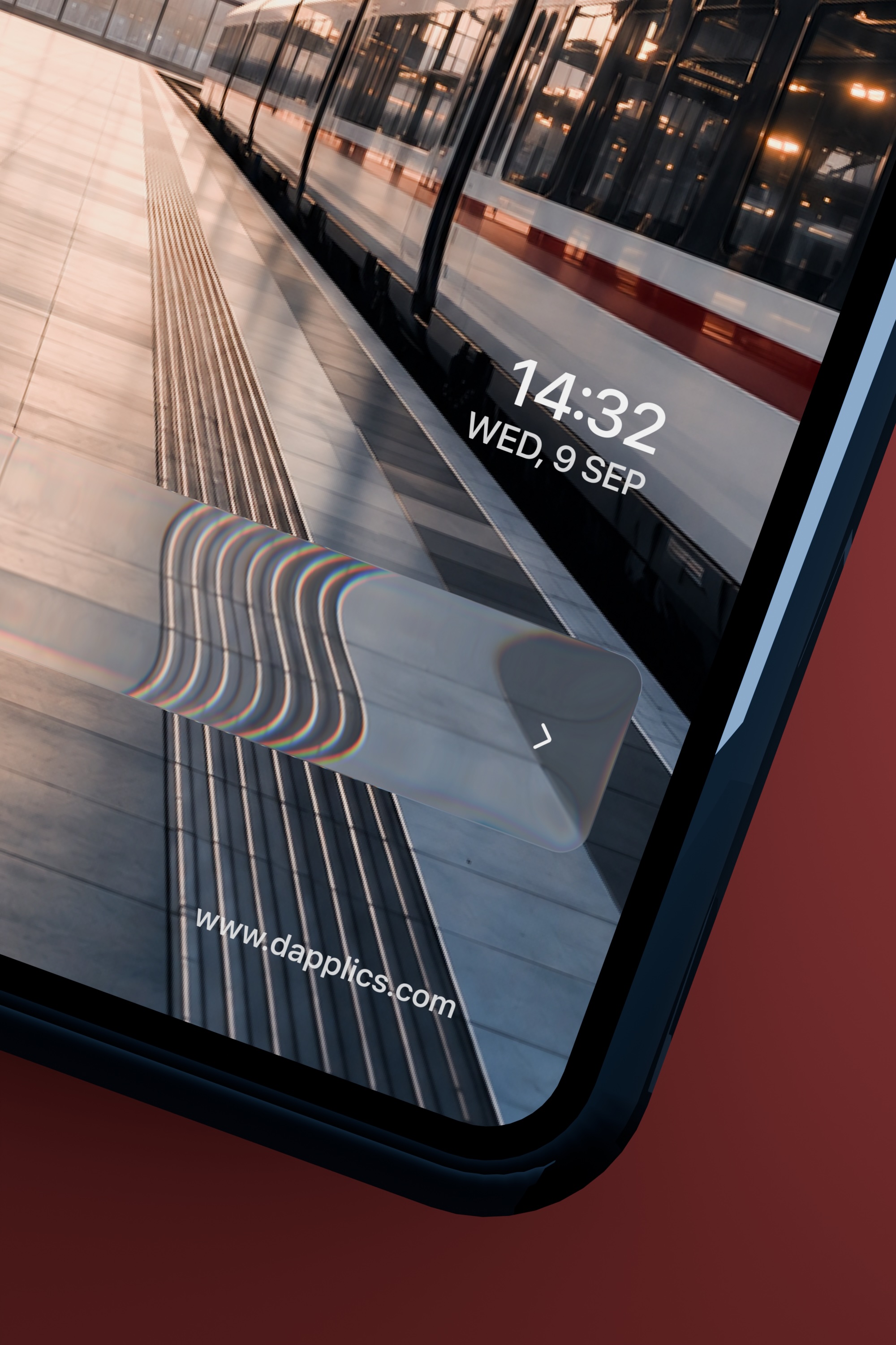 Close-up of a modern train travel app interface with a translucent liquid glass search panel over a railway station scene.