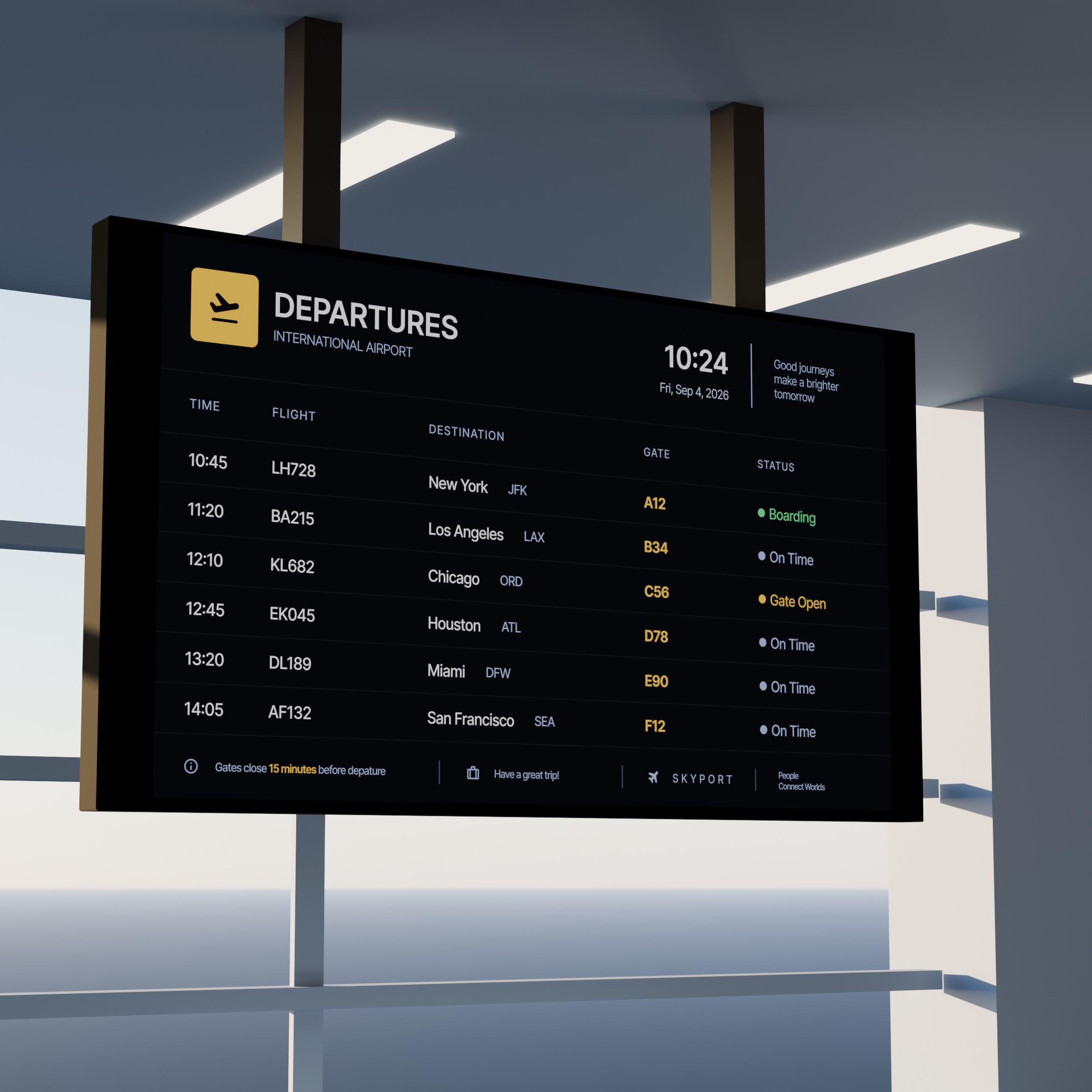Digital airport departure display with a black interface showing flight numbers.
