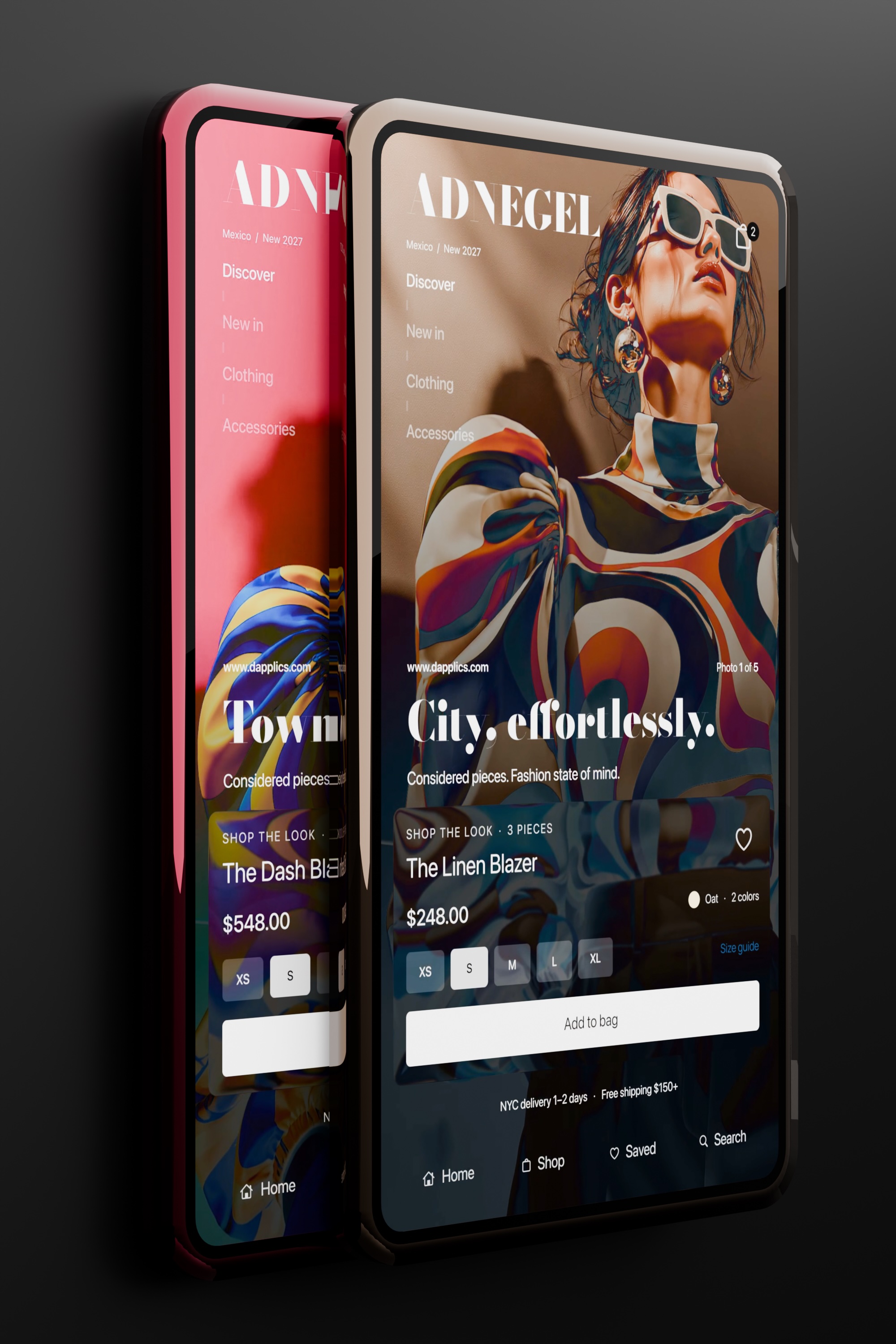 Angled phone mockups showing ADNEGEL fashion imagery, product details and mobile shopping navigation.
