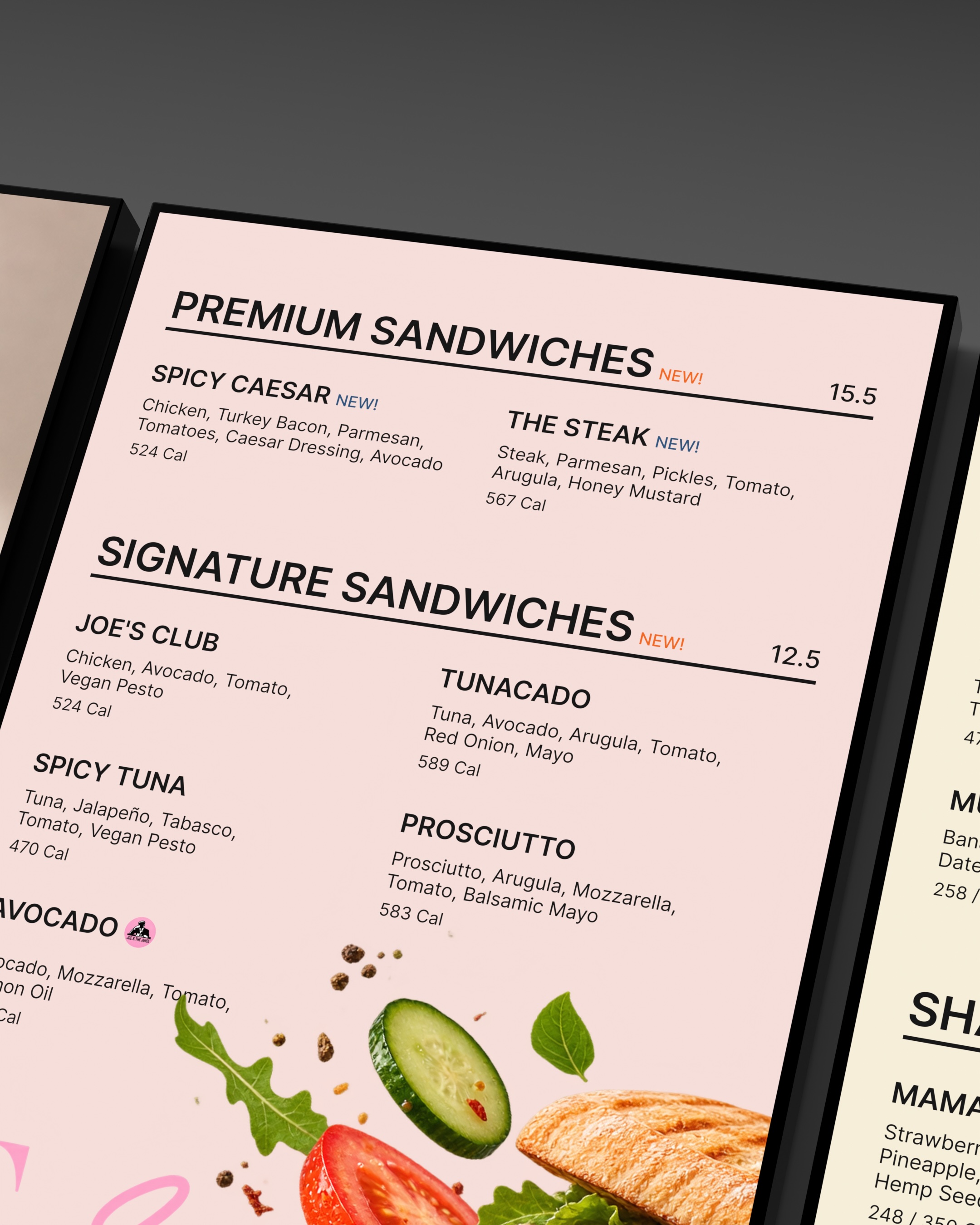 Vertical menu with prices for a modern café.