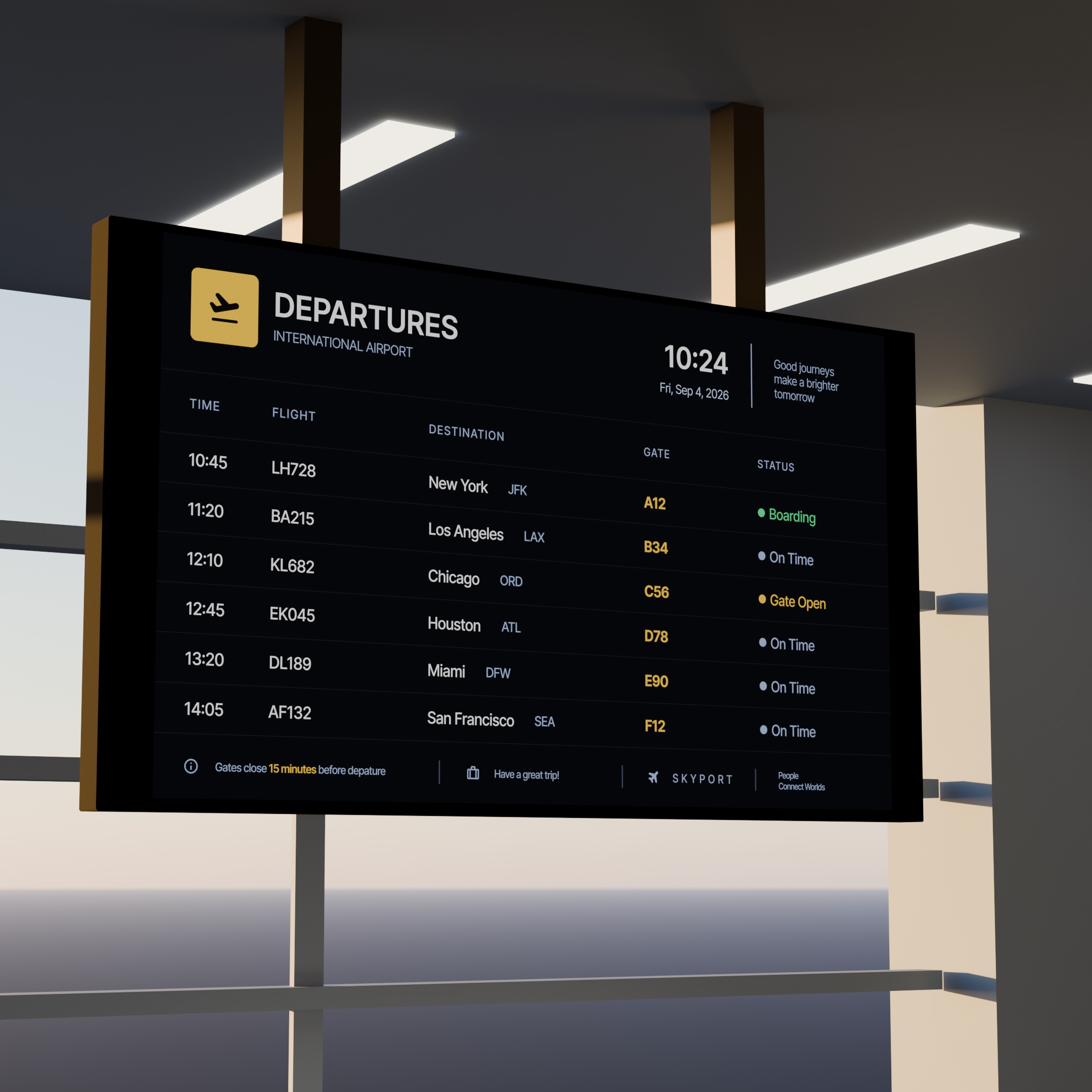 Digital departure board interface in an airport terminal.
