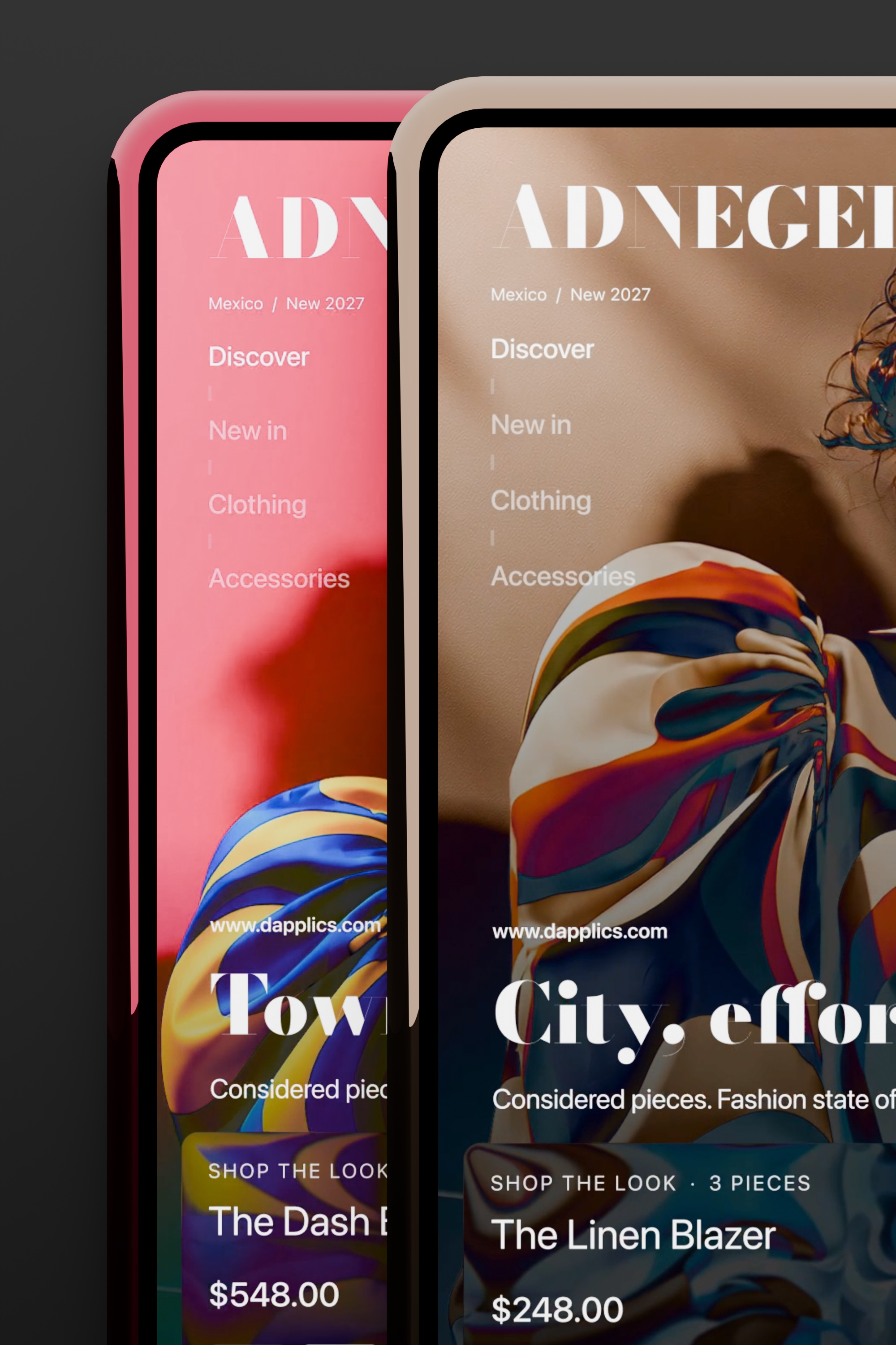 Close-up of ADNEGEL phone mockups showing a fashion product image, price and size selection.