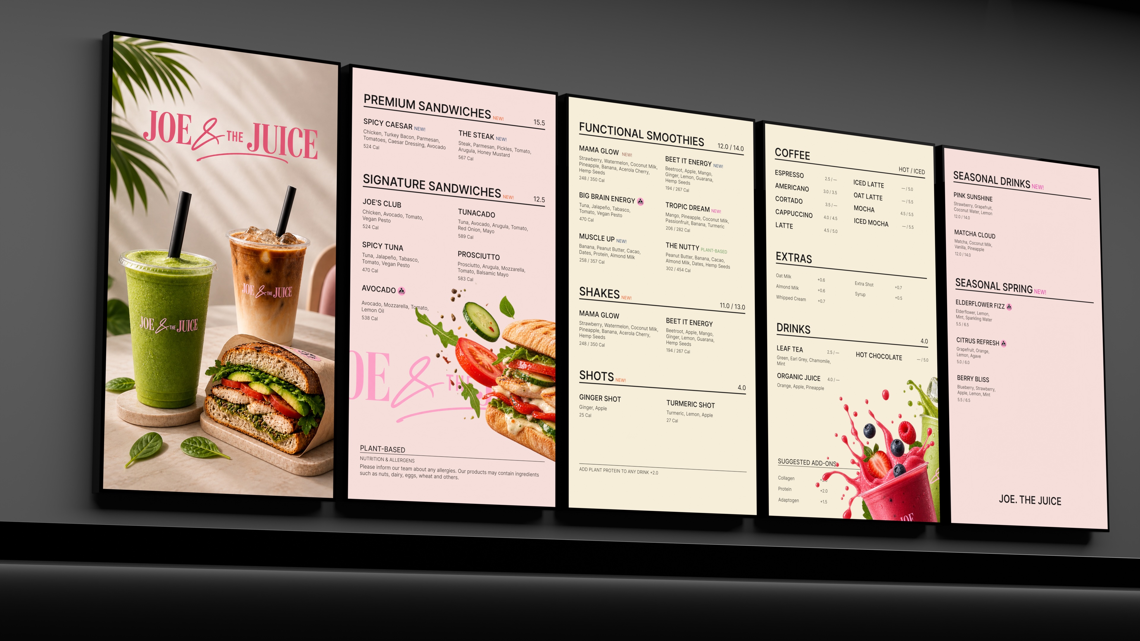 Five digital restaurant menu screens featuring food photography.