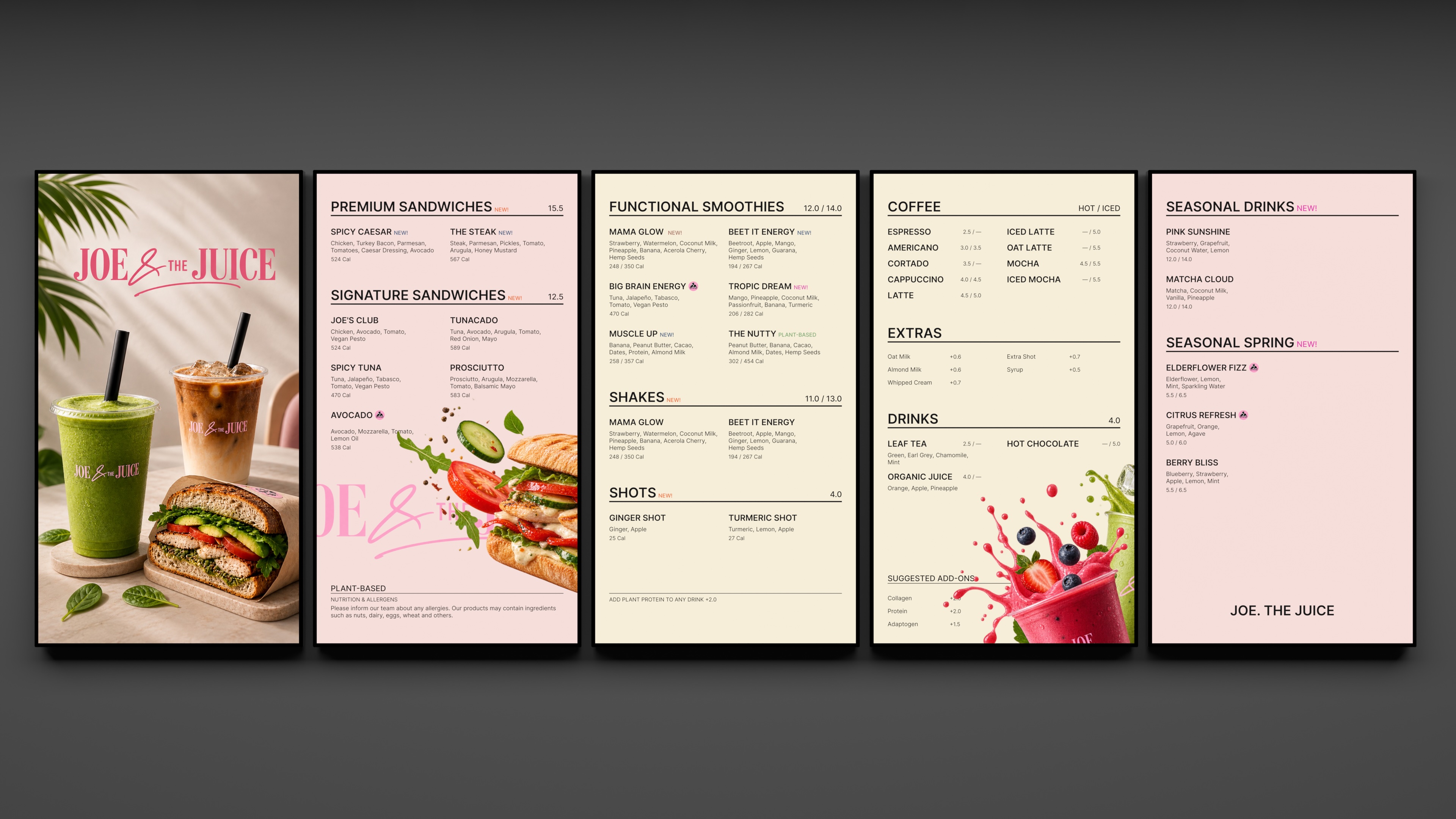 Front-facing restaurant wall with five digital menu displays featuring seasonal drinks.