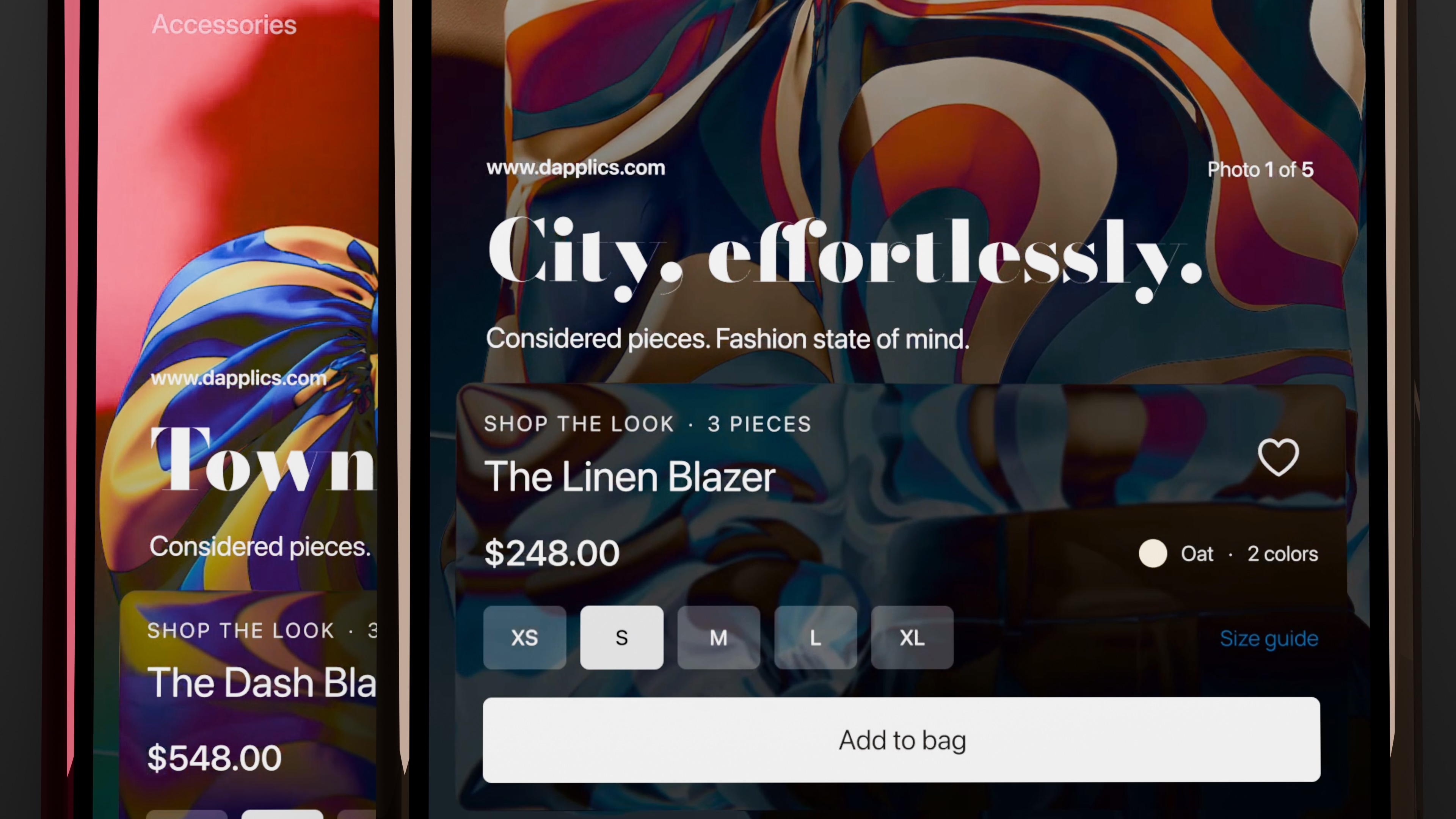 Wide close-up of the ADNEGEL mobile interface showing fashion imagery, product prices, size options and an Add to bag button.