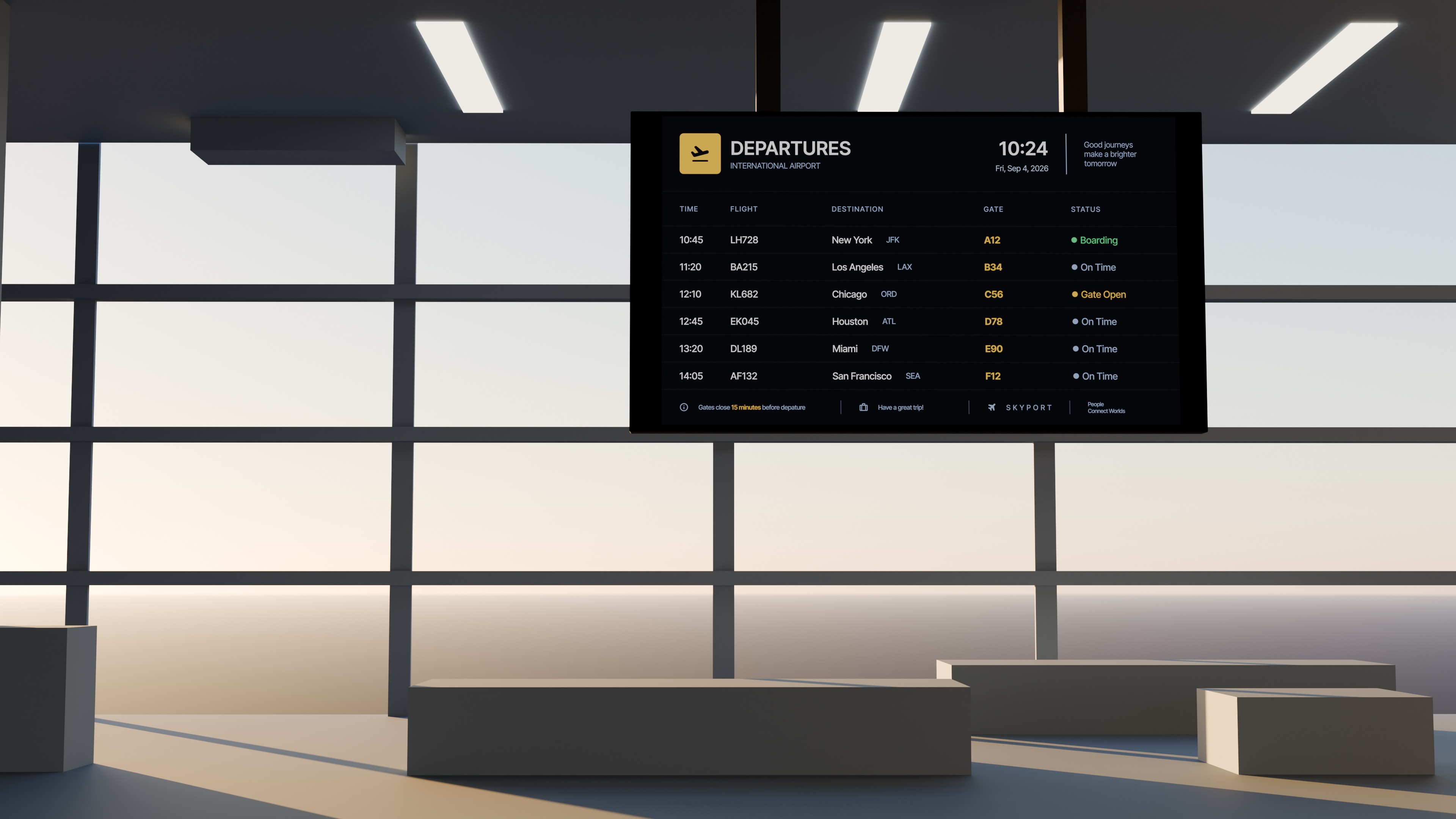 Large LED departure board installed in an airport terminal above the seating area.
