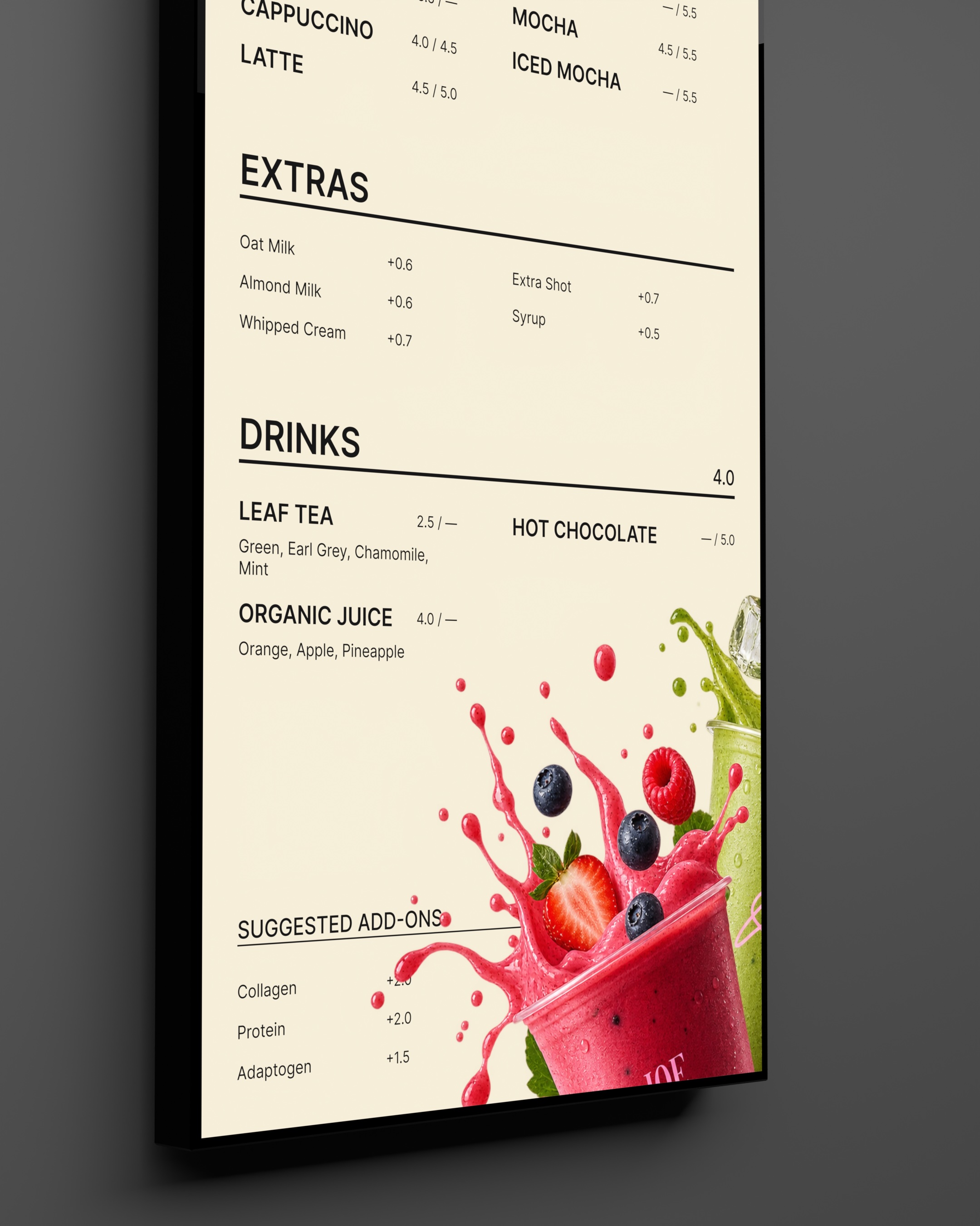 Vertical digital drinks menu featuring coffee.