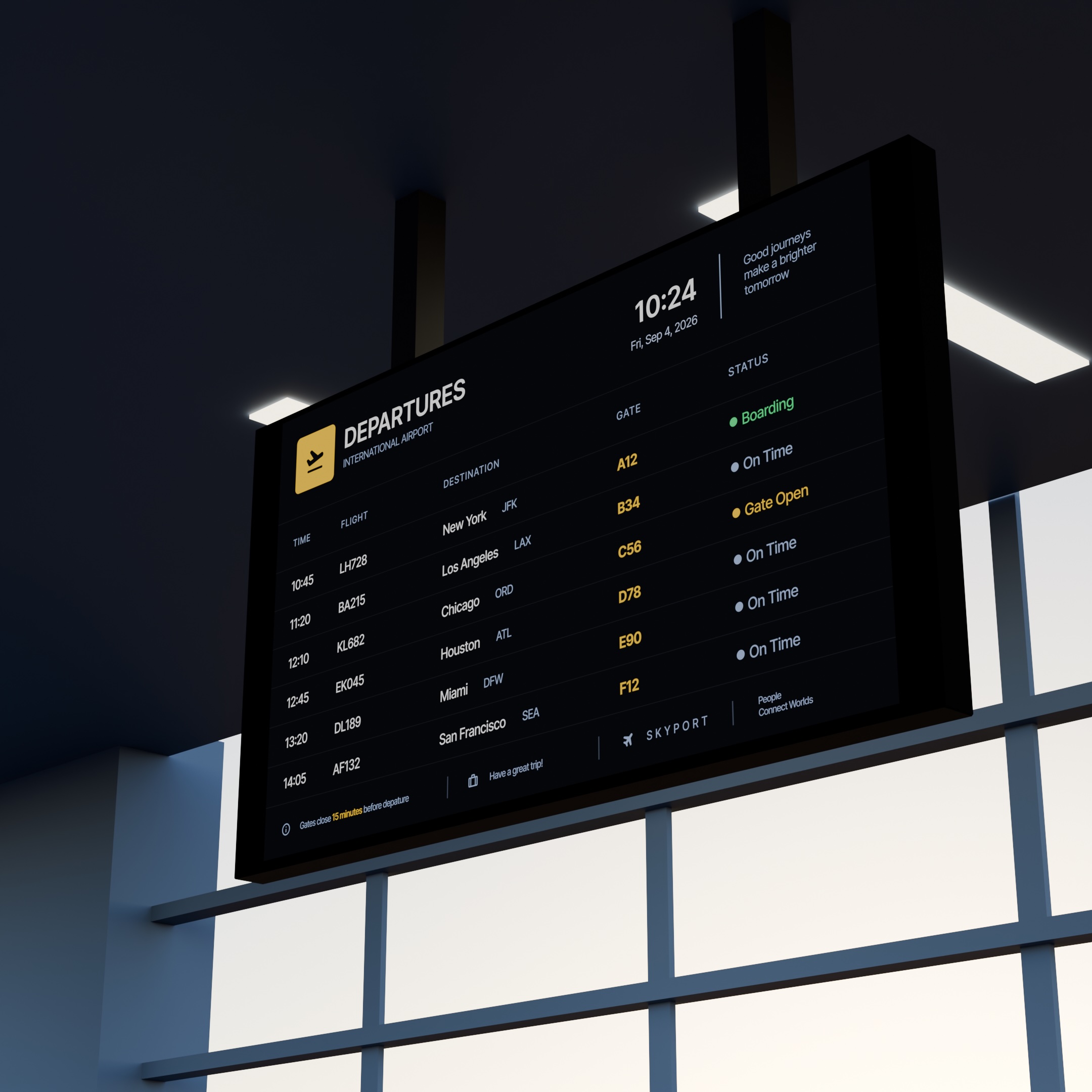 Airport departure information screen with a clear digital schedule, gate numbers, destinations, and boarding status.
