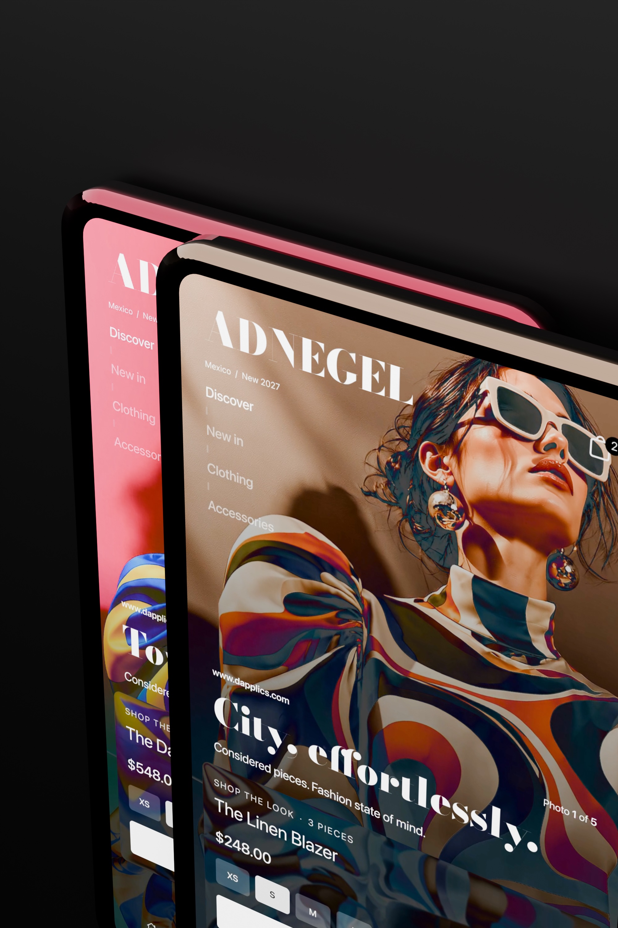 Angled view of overlapping ADNEGEL phone screens with fashion photography and product information on a dark background.