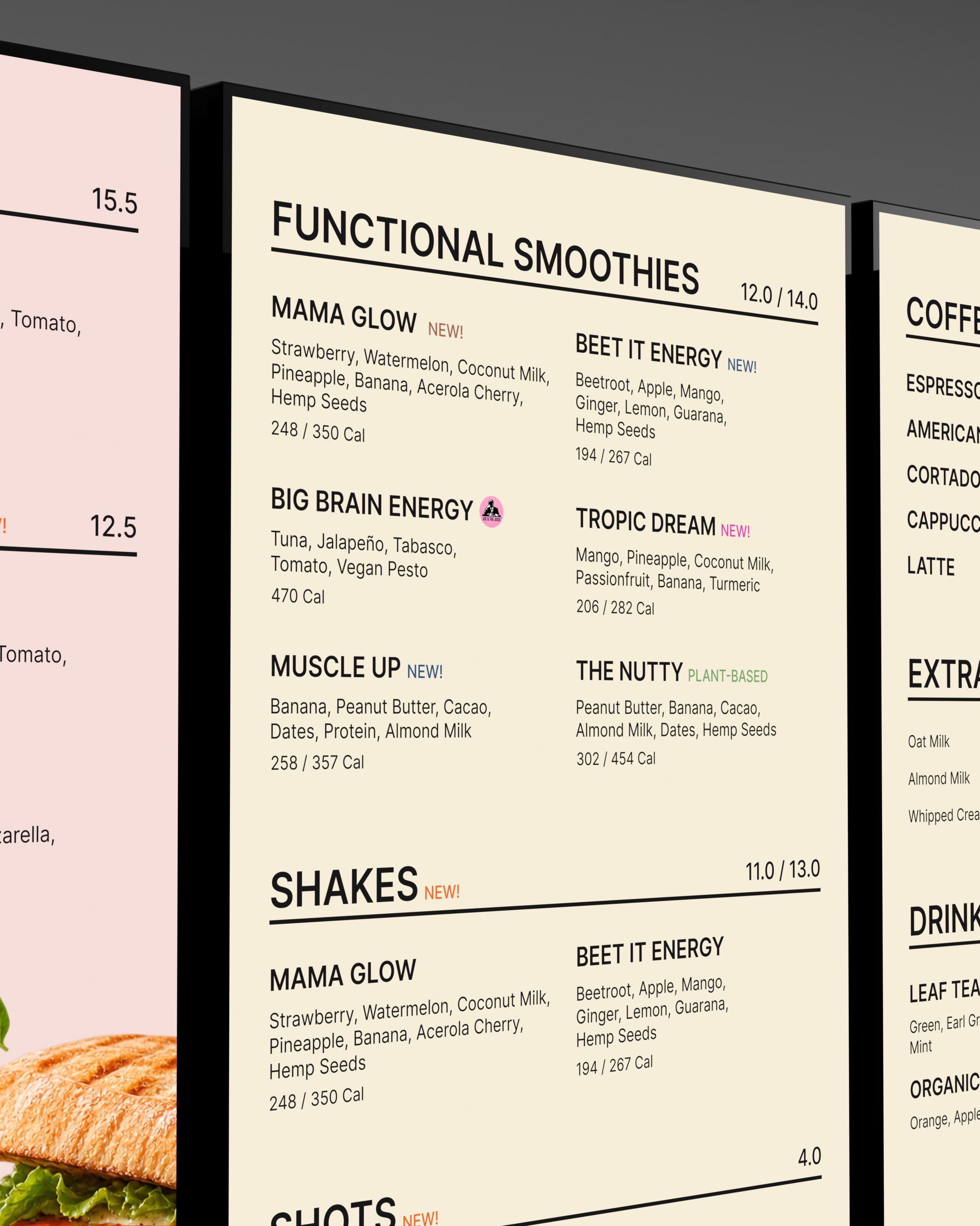 Functional digital smoothie menu panel.