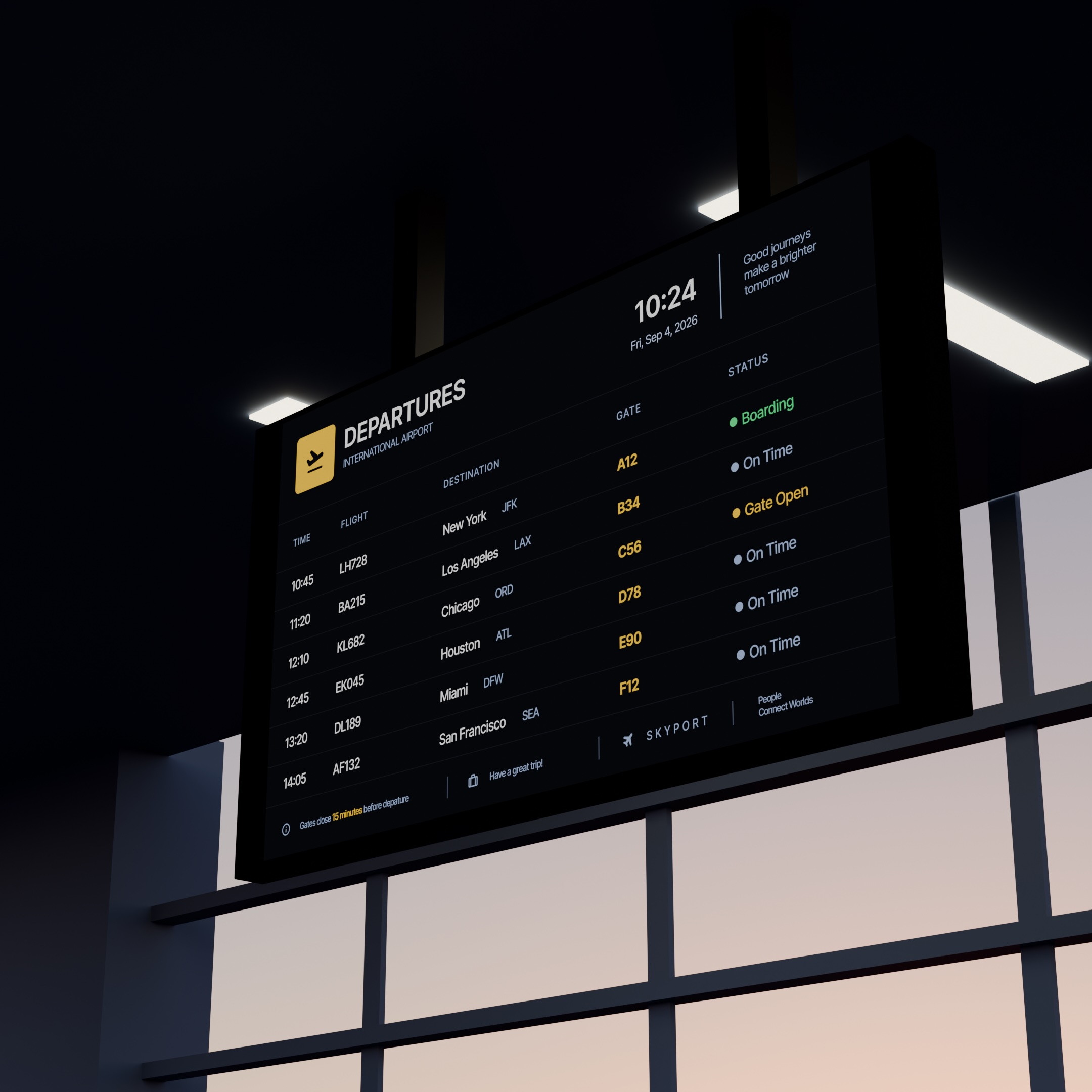 Digital departure board design in an airport terminal.