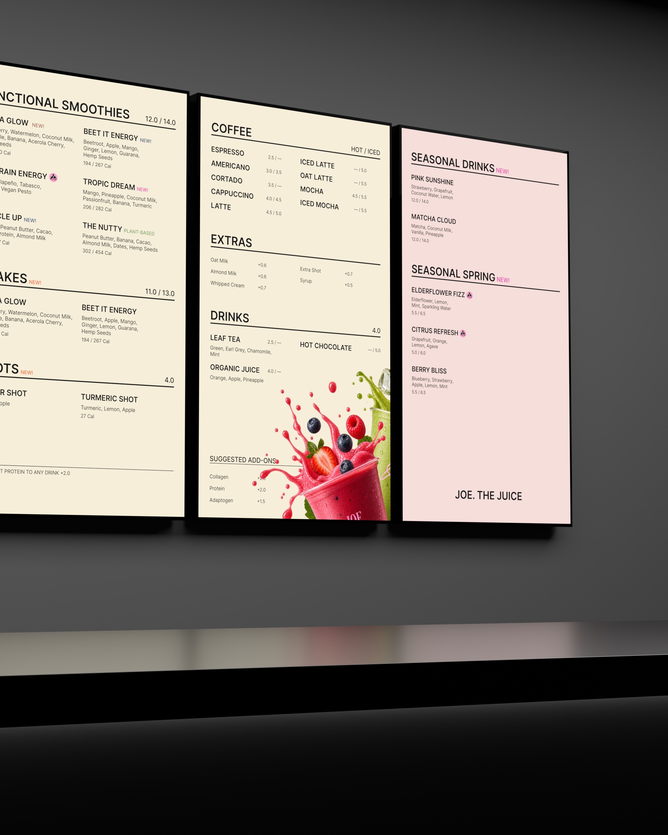 Café wall-mounted digital menu board mockup.