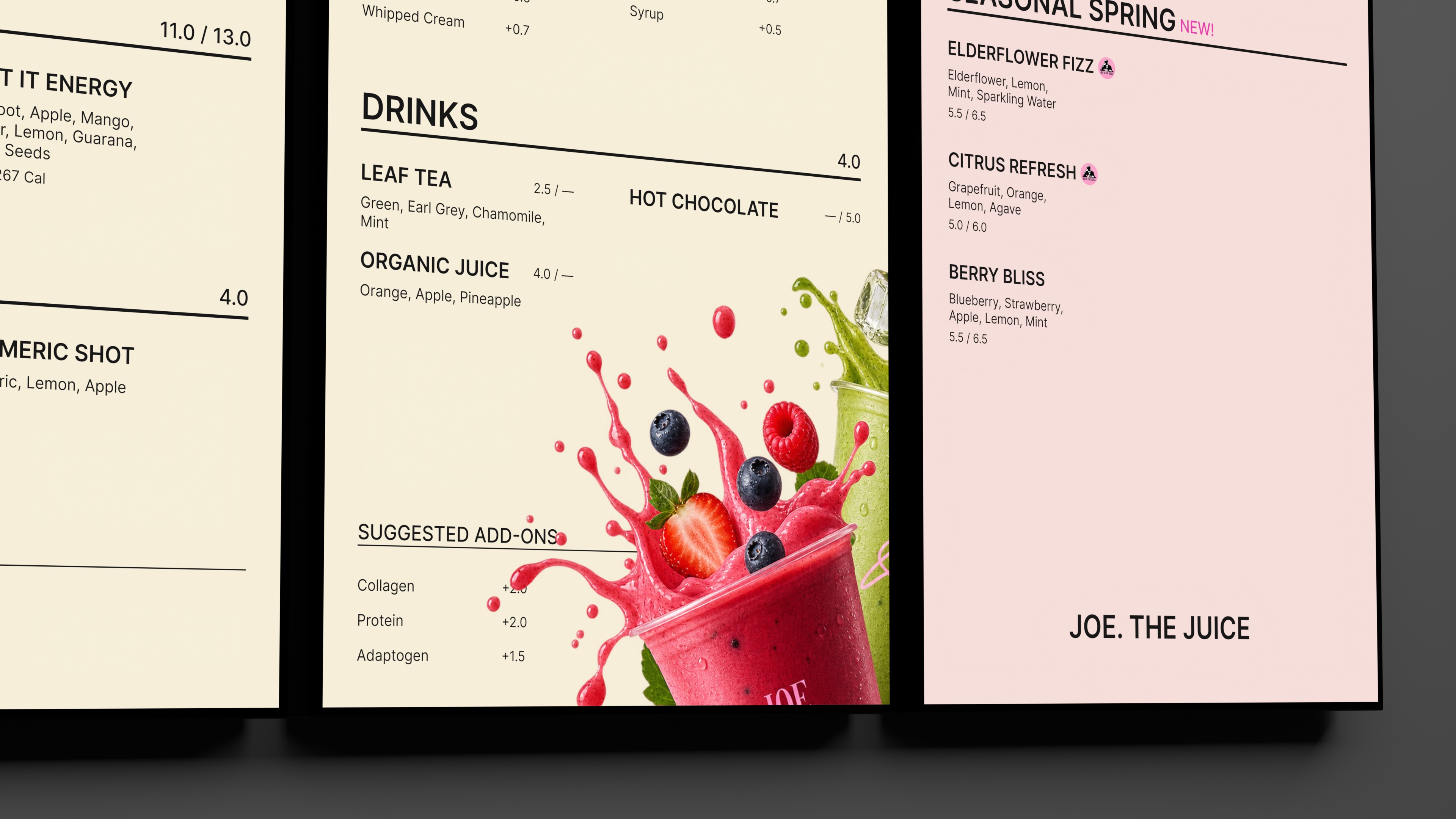 Close-up of a restaurant digital menu featuring organic juices, hot chocolate, smoothie images, seasonal drinks, and other beverages.