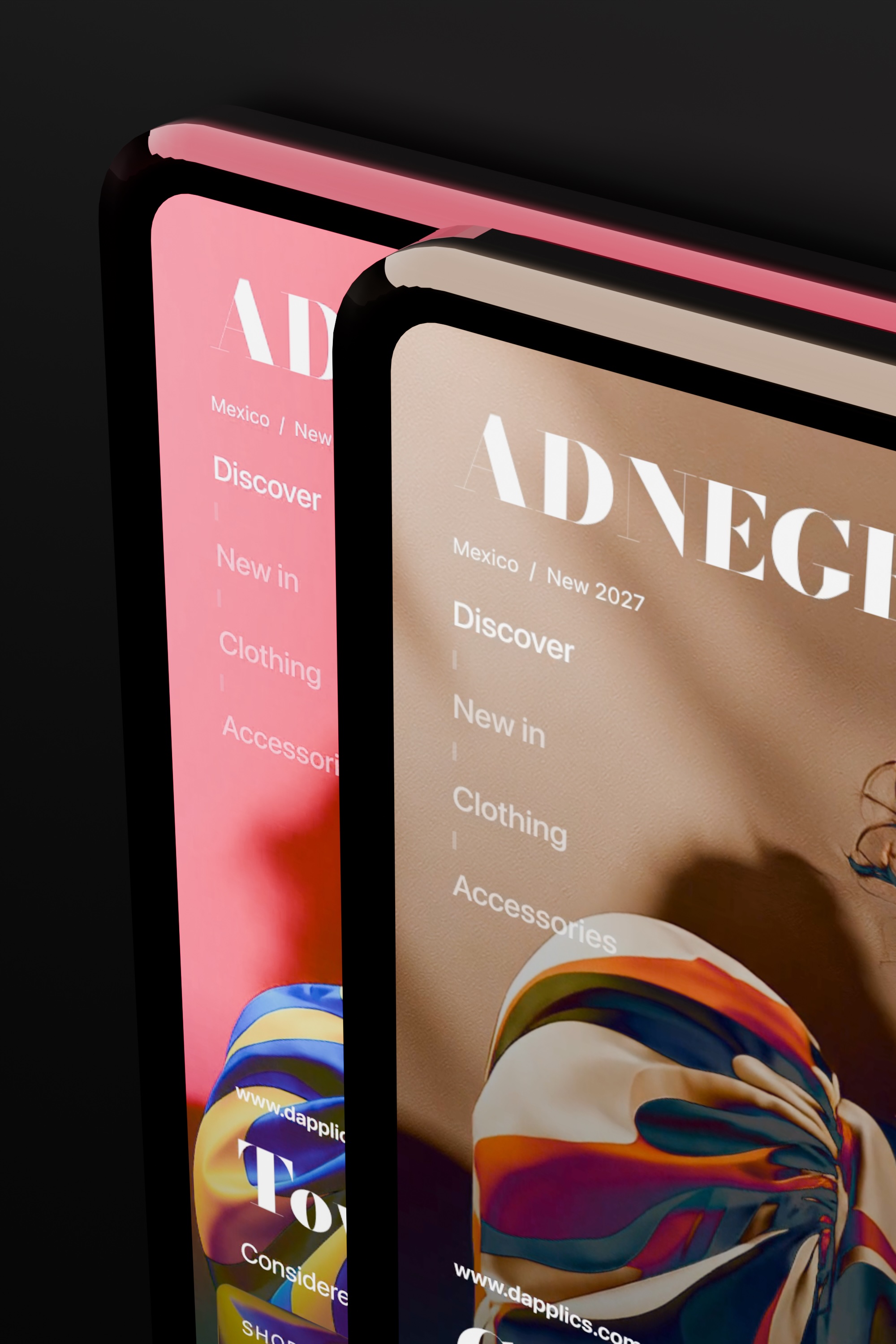 Close-up of overlapping ADNEGEL phone screens highlighting the brand heading and colorful editorial fashion imagery.