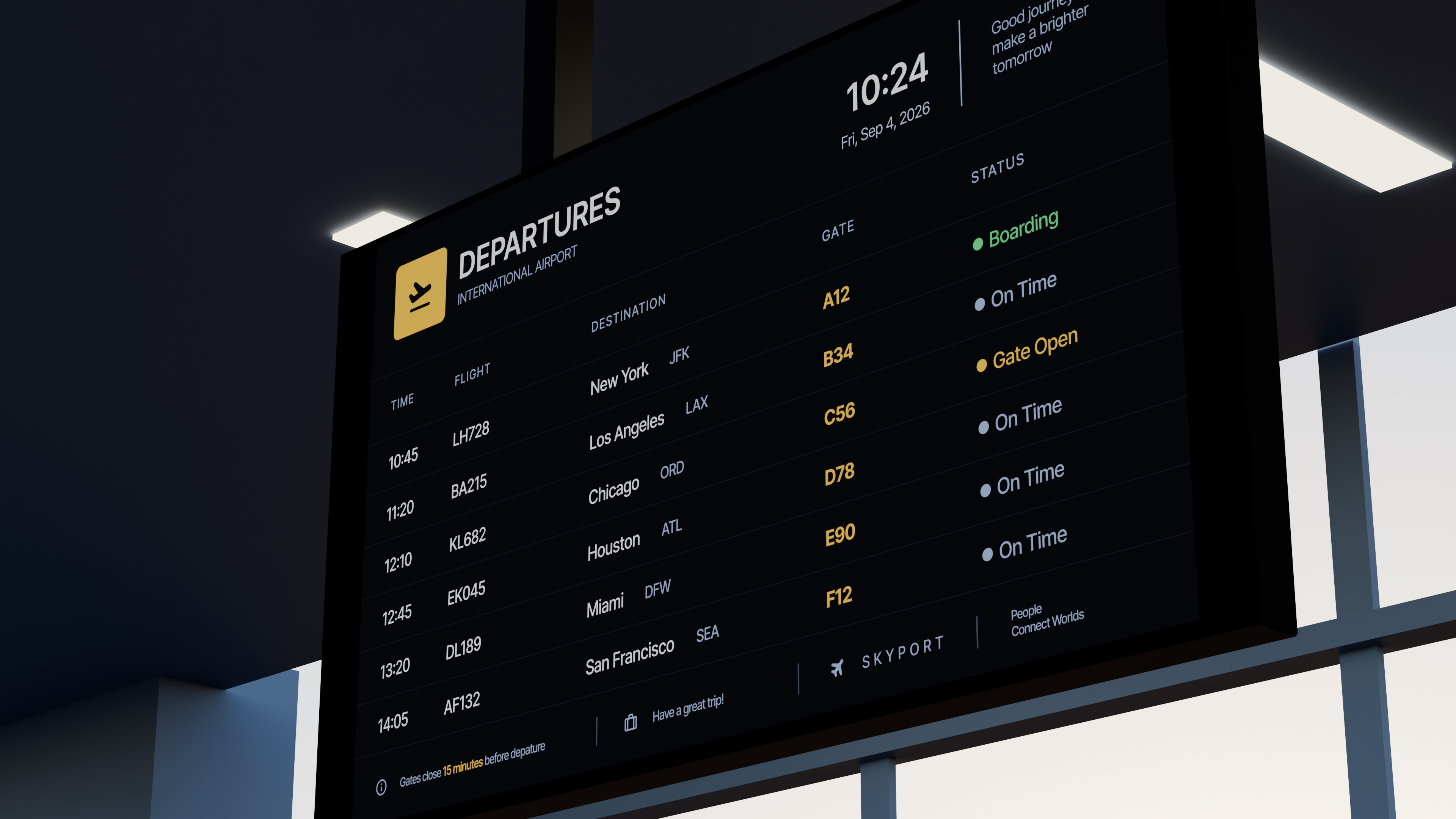 LED airport departure board displaying flight information.