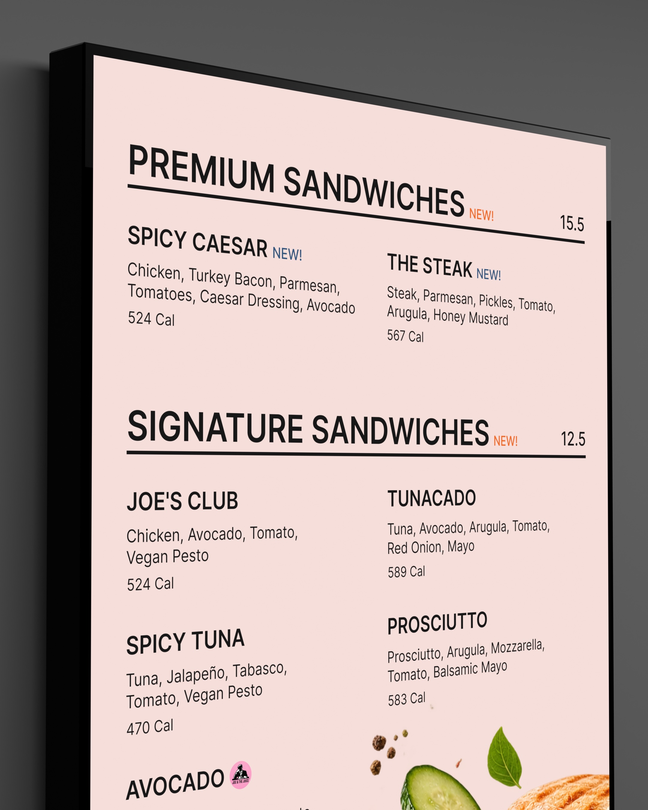 Restaurant digital signage panel with prices.