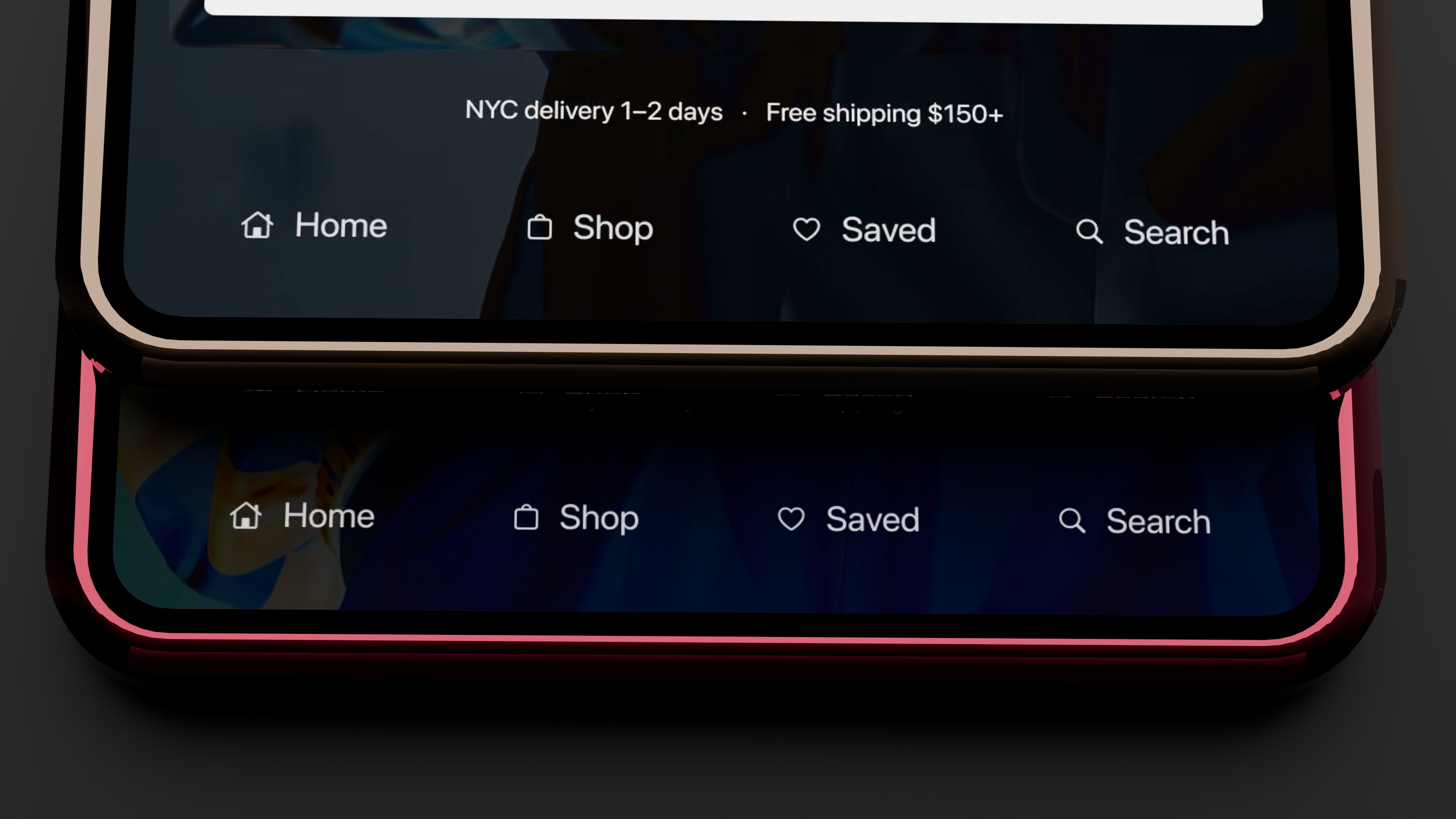 Wide detail of overlapping ADNEGEL phone screens showing Home, Shop, Saved and Search navigation tabs.