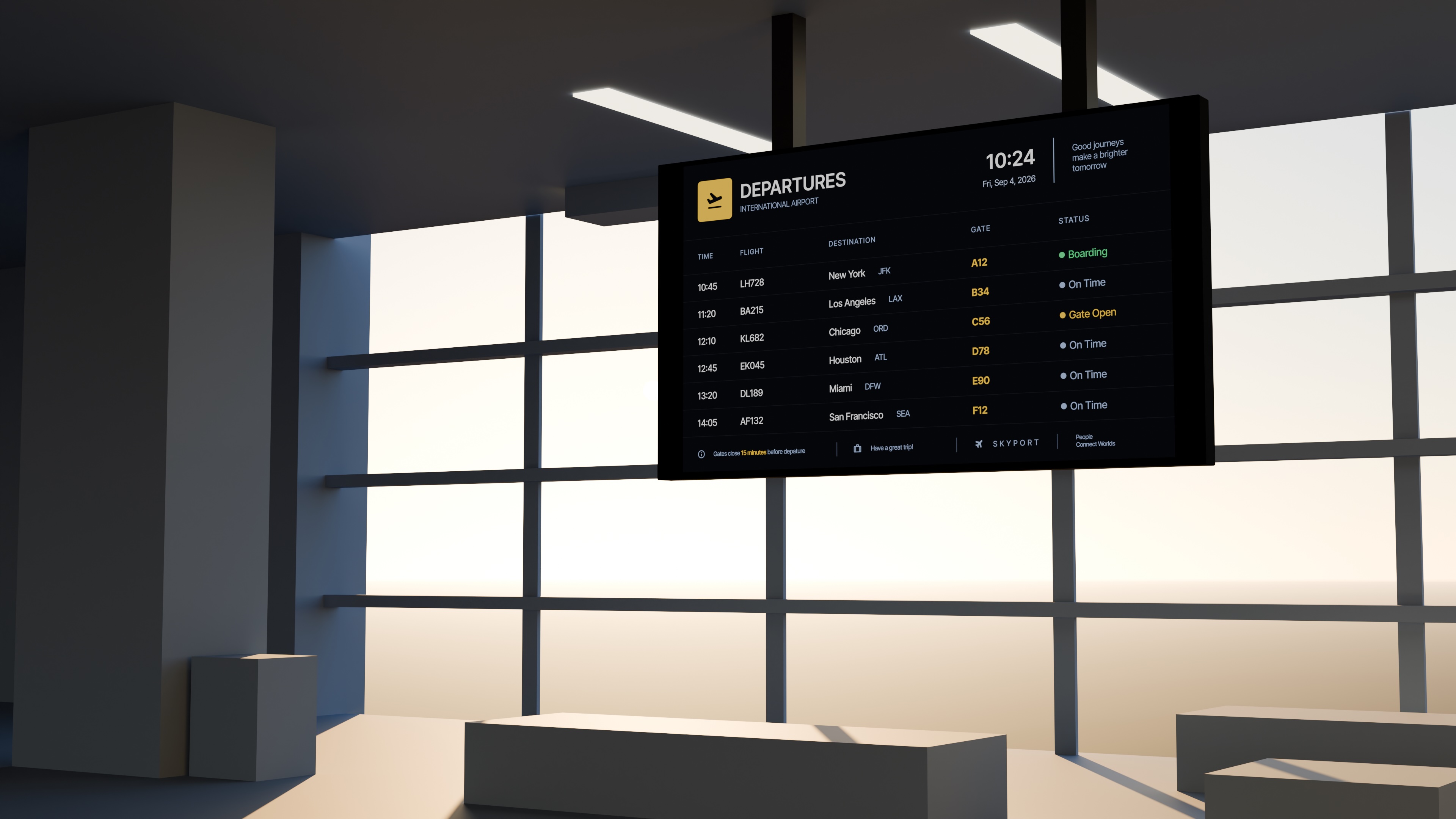Airport terminal departure board displaying flight information.
