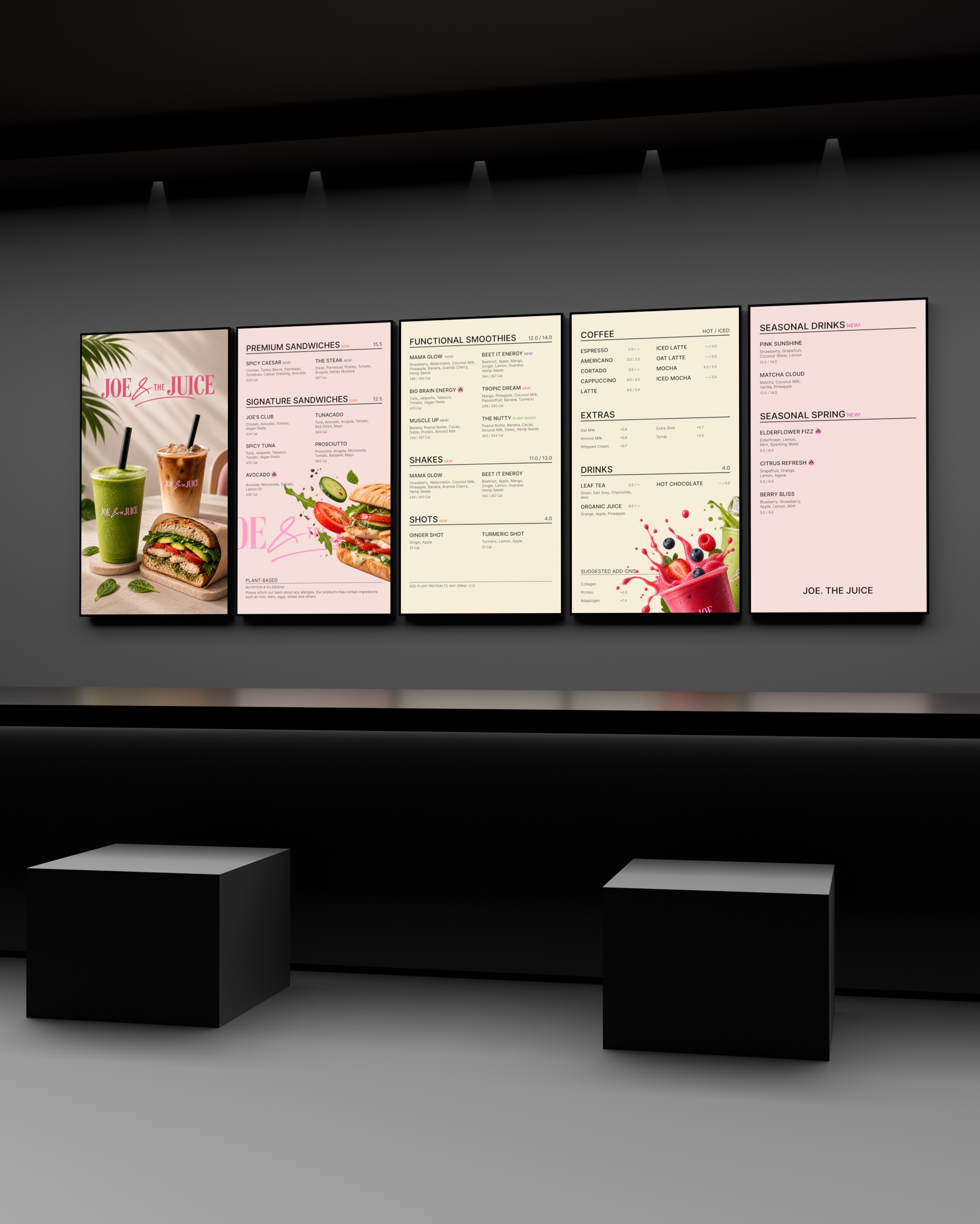 Restaurant interior with a five-screen digital menu.
