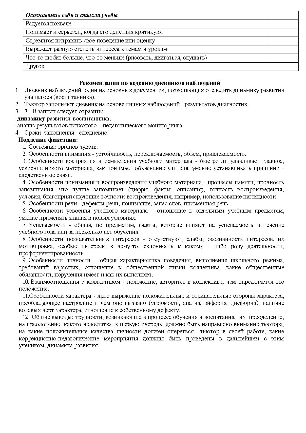 Дневник наблюдения тьютора за детьми с овз образец в школе