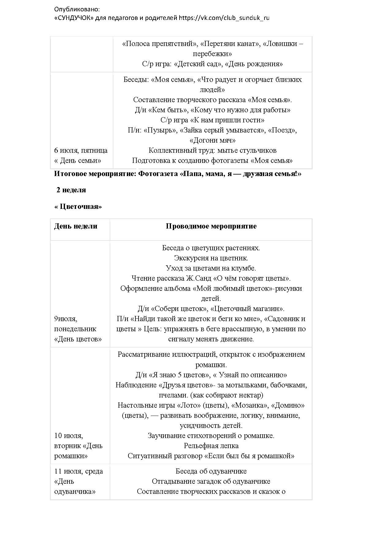 План мероприятий для школьников на лето