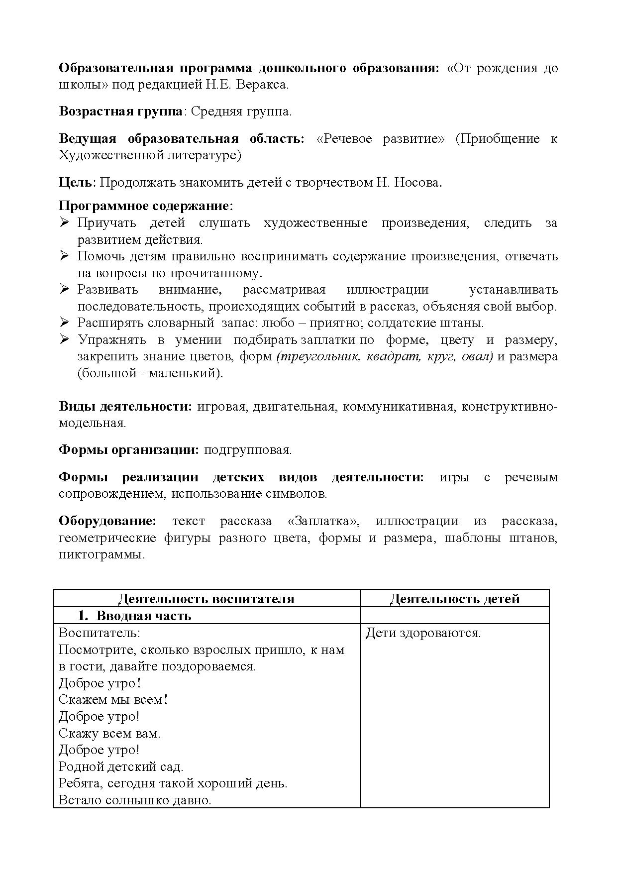 Конспект непрерывной образовательной деятельности по образовательной  области «Речевое развитие» приобщение к художественной литературе. Чтение  рассказа Н. Носова «Заплатка» в средней группе | Дефектология Проф