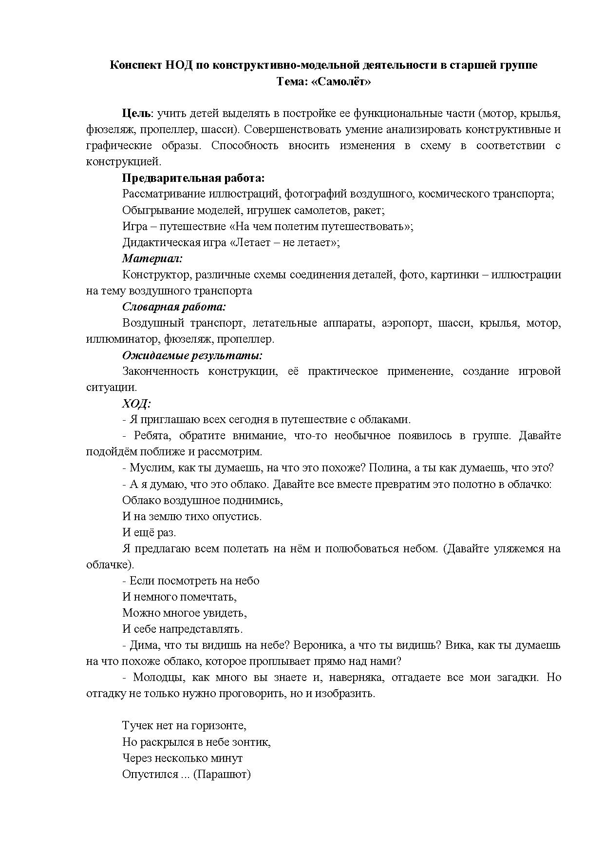 Конспект НОД по конструктивно-модельной деятельности в старшей группе. Тема:  «Самолёт» | Дефектология Проф