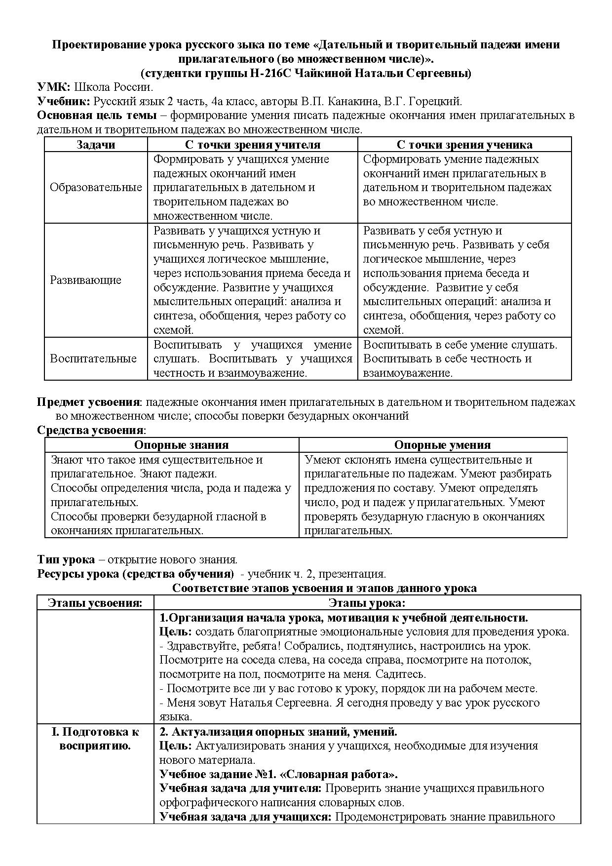 Проектирование урока русского зыка по теме «Дательный и творительный падежи  имени прилагательного (во множественном числе)» | Дефектология Проф