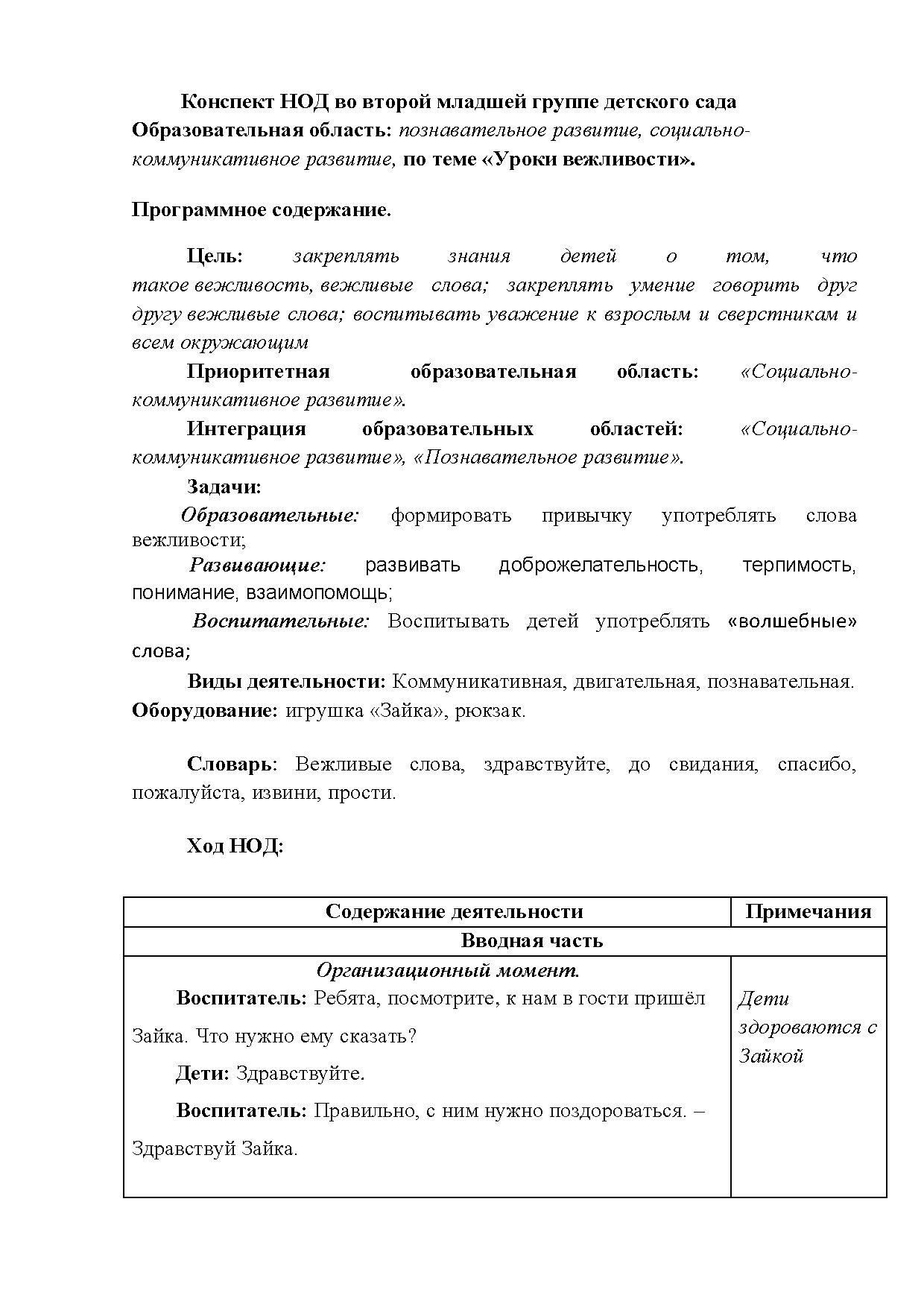 Конспект НОД во второй младшей группе детского сада «Уроки вежливости» |  Дефектология Проф