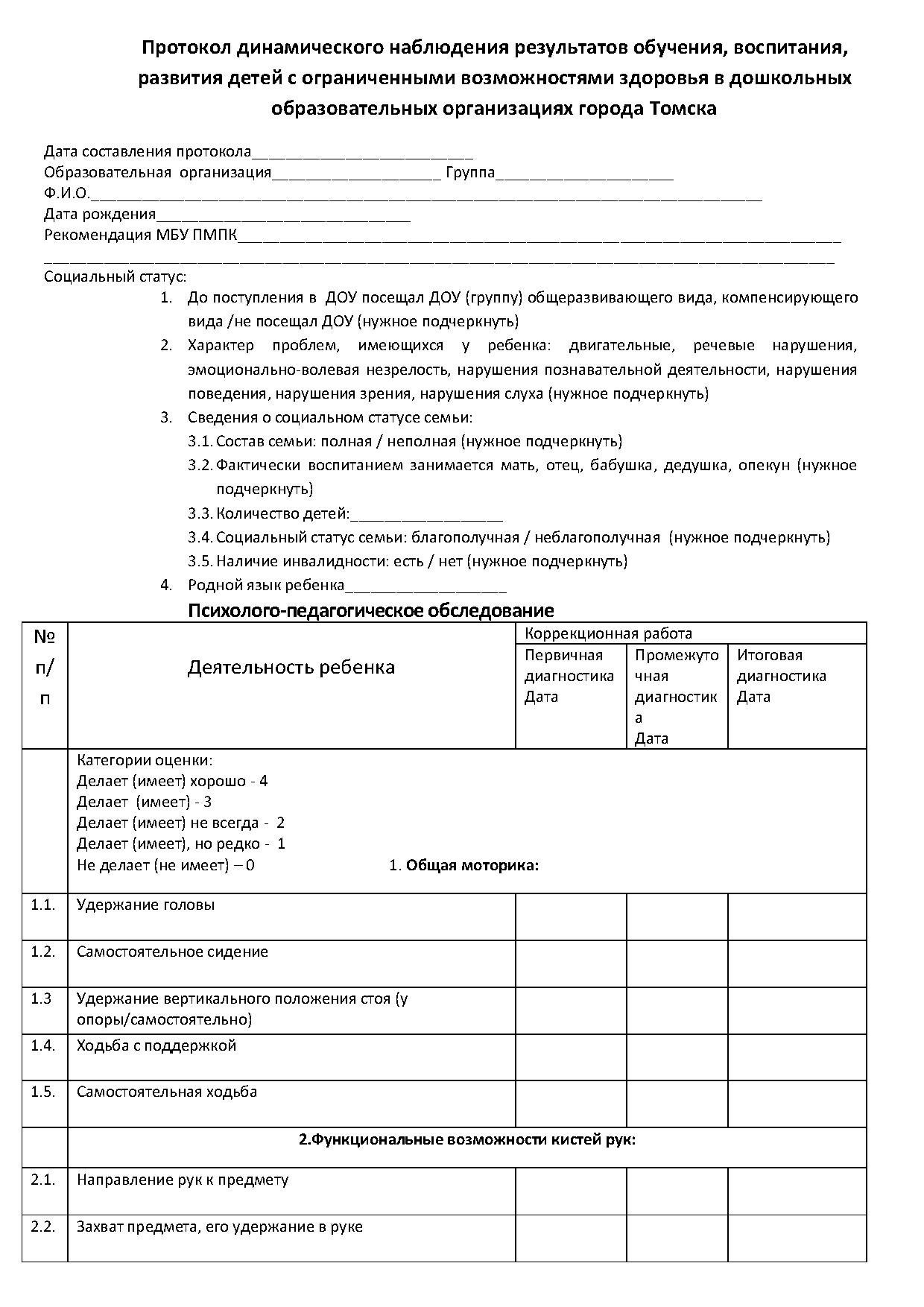 Протокол динамического наблюдения результатов обучения, воспитания,  развития детей с ограниченными возможностями здоровья в дошкольных  образовательных организациях | Дефектология Проф