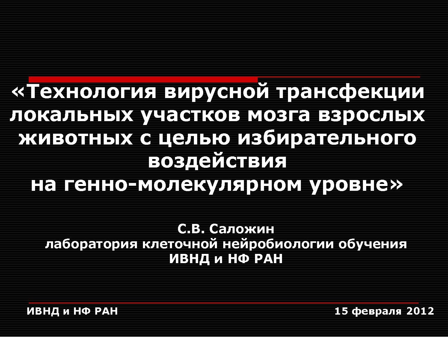 Технология вирусной трансфекции локальных участков мозга взрослых животных с целью избирательного воздействия на генно-молекулярном уровне