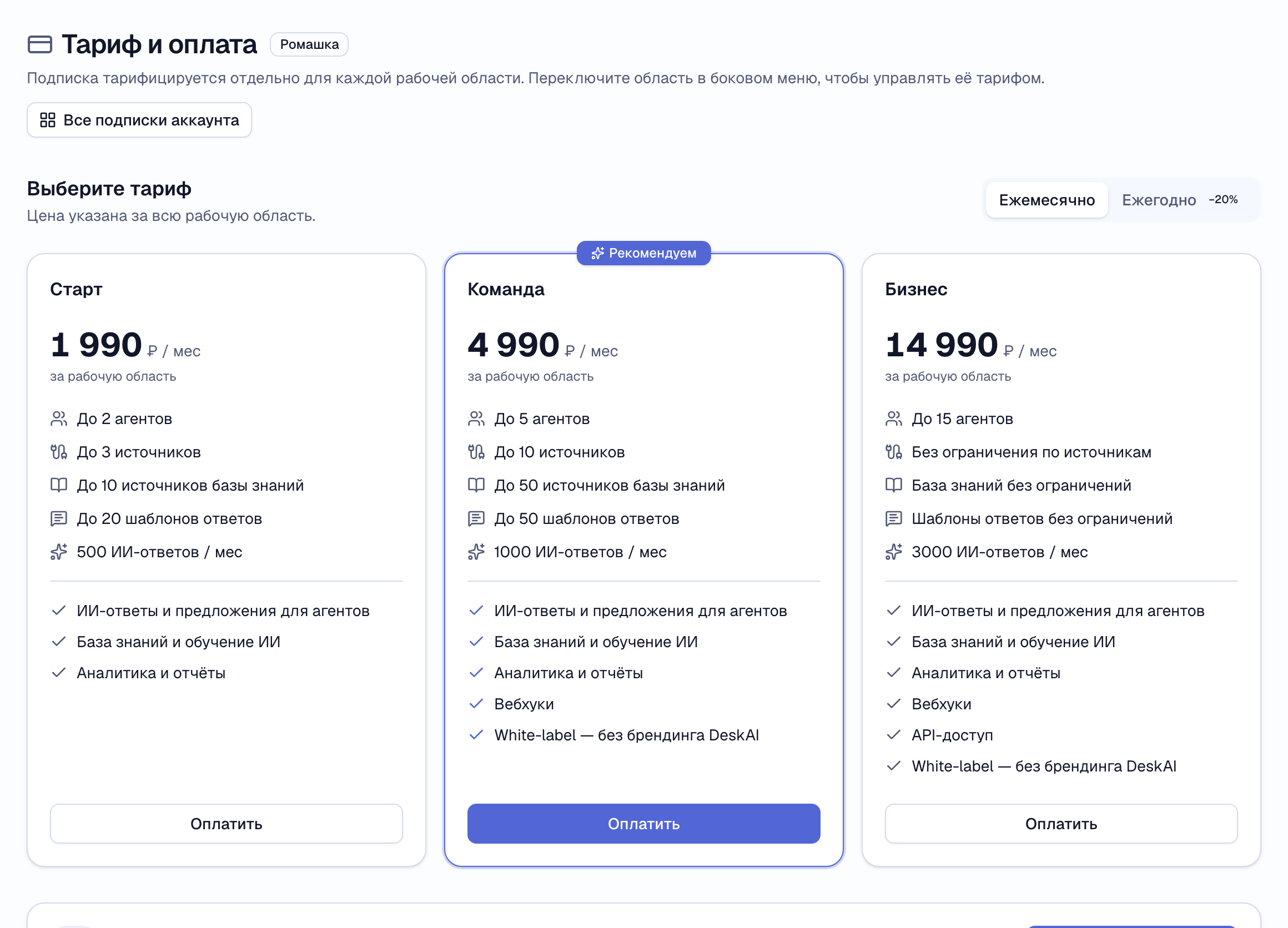 выбор тарифа и периода оплаты