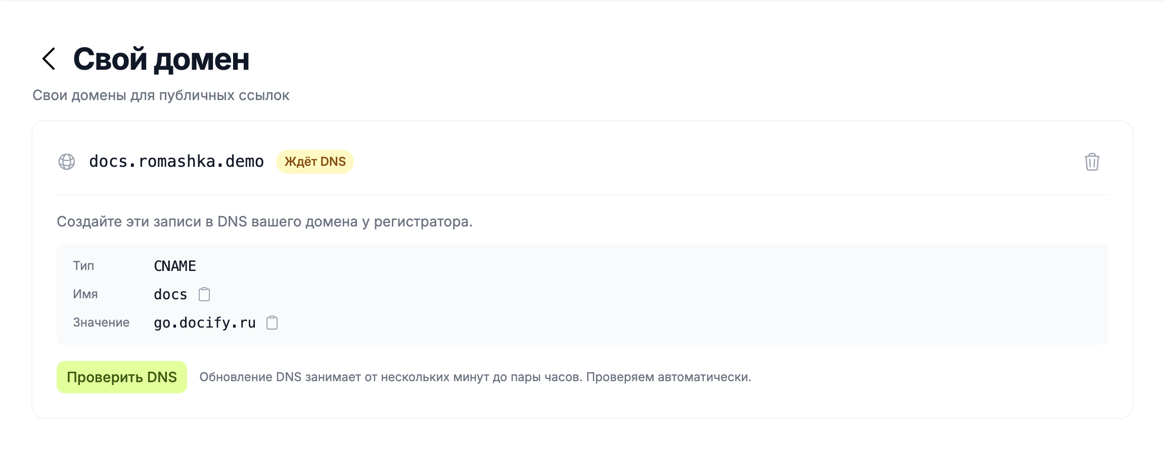 свой домен в статусе «Ждёт DNS» с нужной записью
