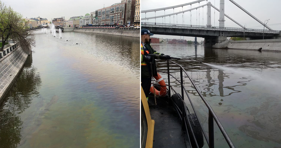 У памятника Петру I на Водоотводном канале появилось огромное масляное пятно