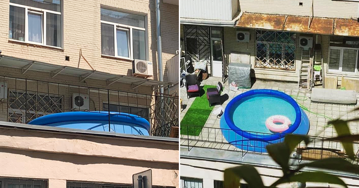 Тоска по морю: на крыше поликлиники на Покровском бульваре поставили надувной бассейн
