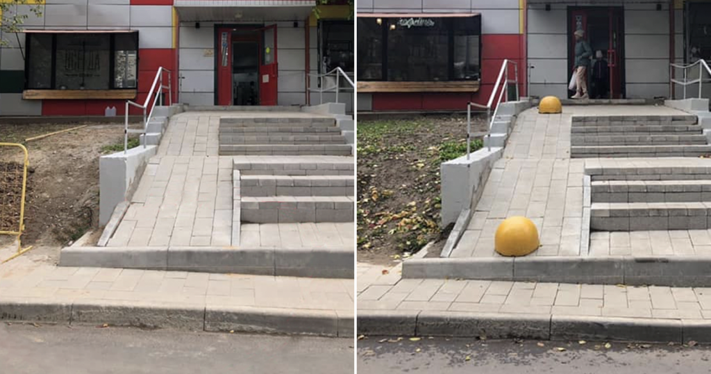 В Митино сделали пандус, которым невозможно пользоваться, а после жалоб исправили его вот так