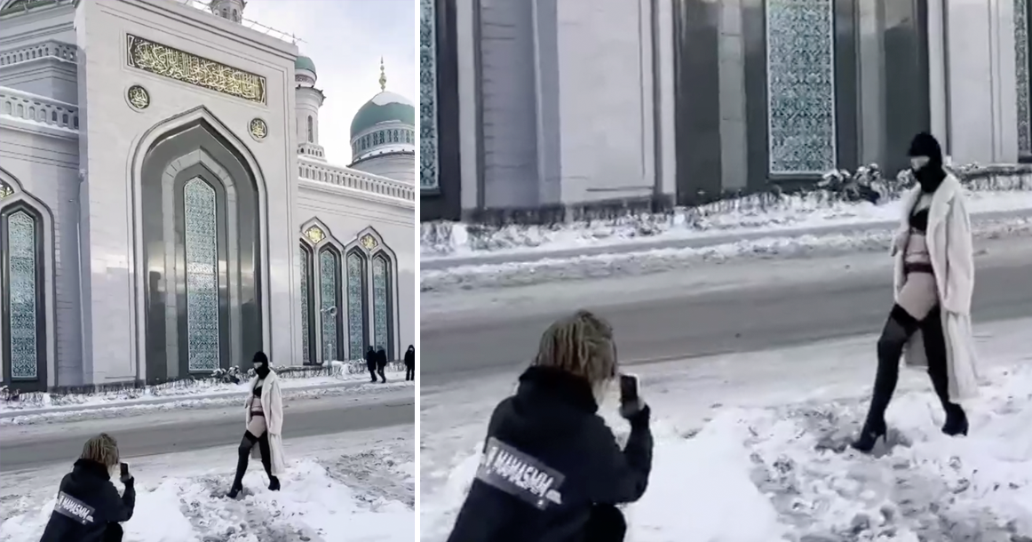 Возле мечети на проспекте Мира девушка в белье и балаклаве устроила фотосессию