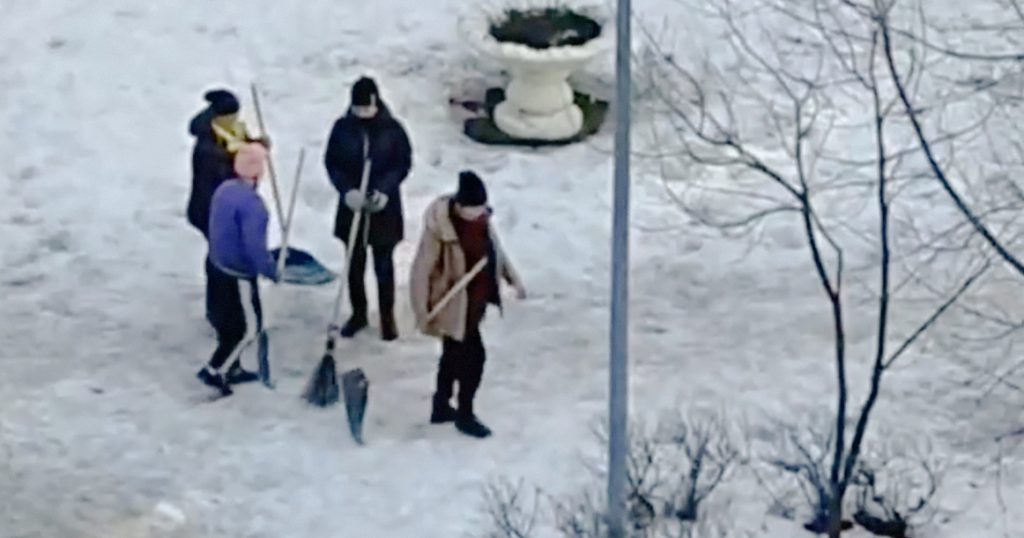 Дворники в Марьино чешут снег граблями