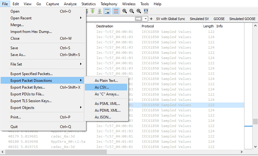 Export to CSV/JSON and other formats in Wireshark