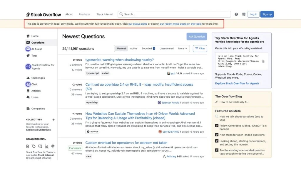 Временный режим Read-Only на Stack Overflow: влияние ИИ-инструментов на активность сообщества