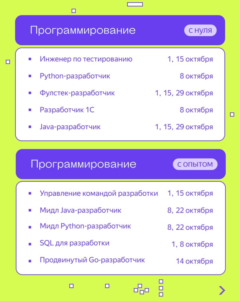 Обзор расписания стартов потоков Практикума в октябре и условия обучения