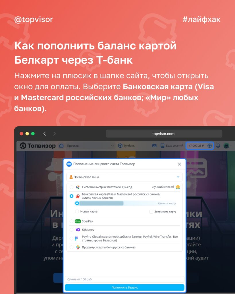 Как пополнить баланс сервиса Топвизор для пользователей из Беларуси: подробная инструкция