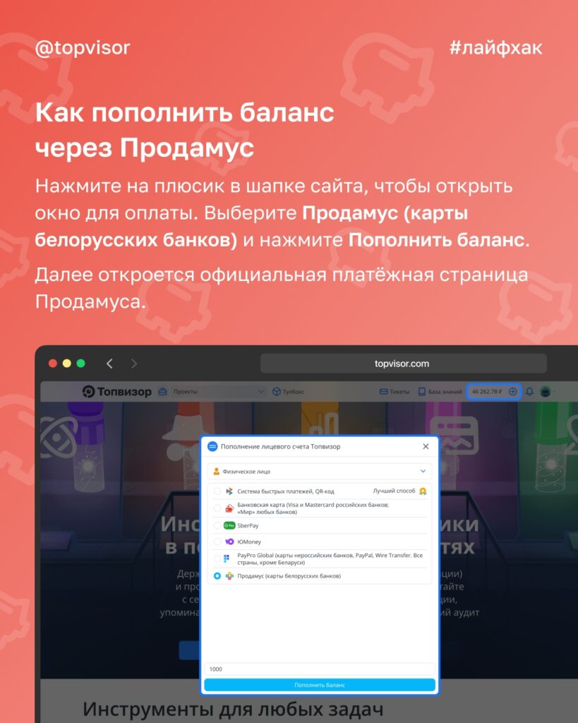 Как пополнить баланс сервиса Топвизор для пользователей из Беларуси: подробная инструкция