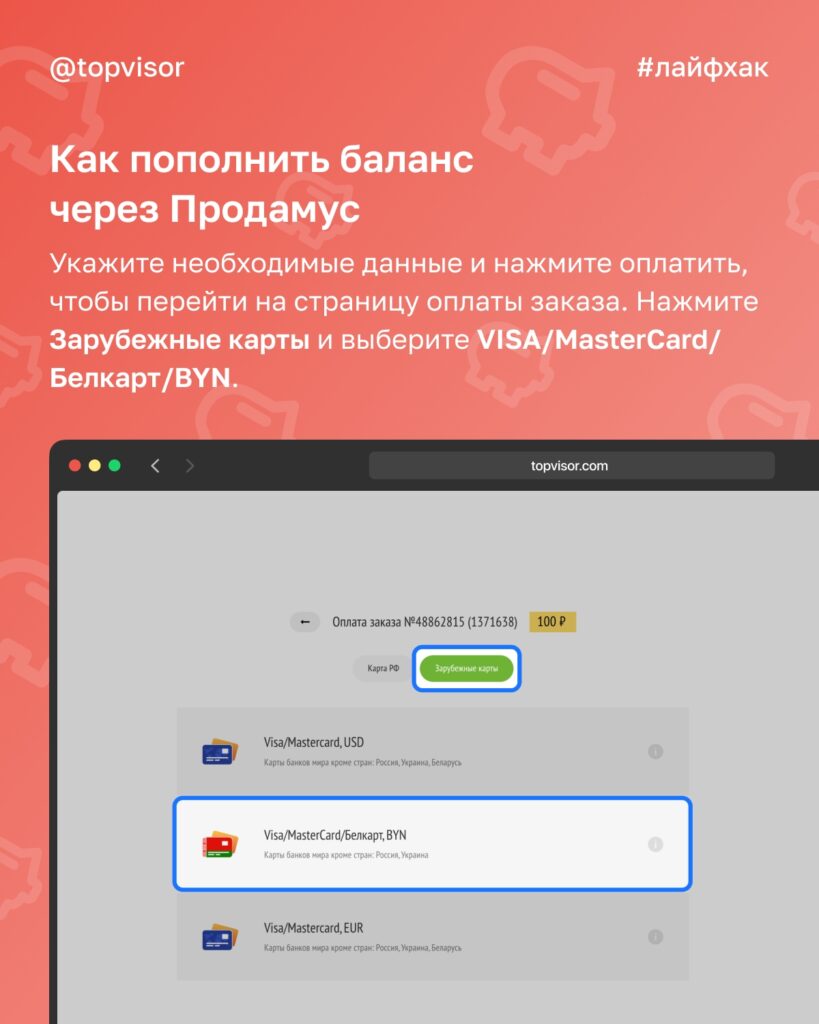 Как пополнить баланс сервиса Топвизор для пользователей из Беларуси: подробная инструкция