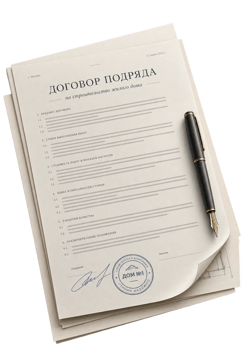 Мокап договора подряда на строительство жилого дома с подписью и круглой печатью «Дом №1»